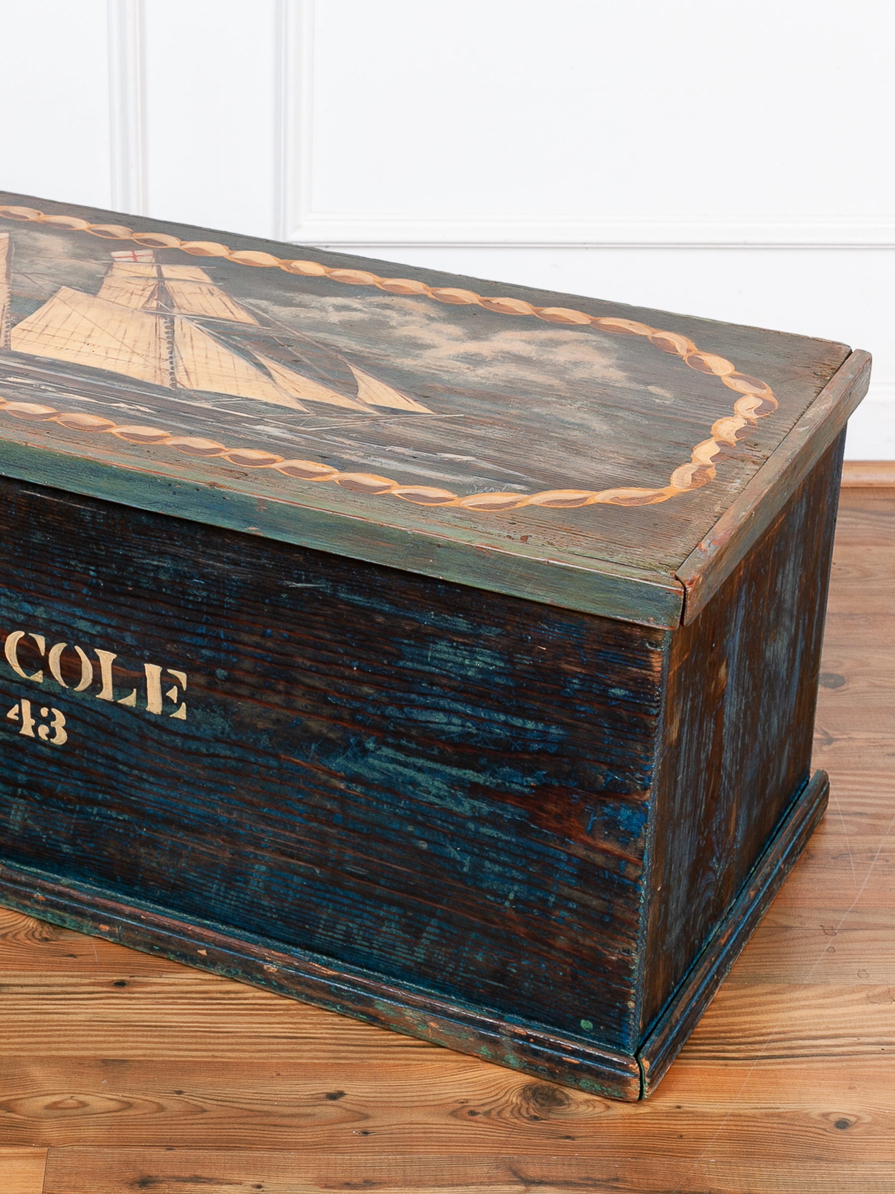 Painted Pine Folk Art Ship Chest Depicting the H.H. Cole, 1843