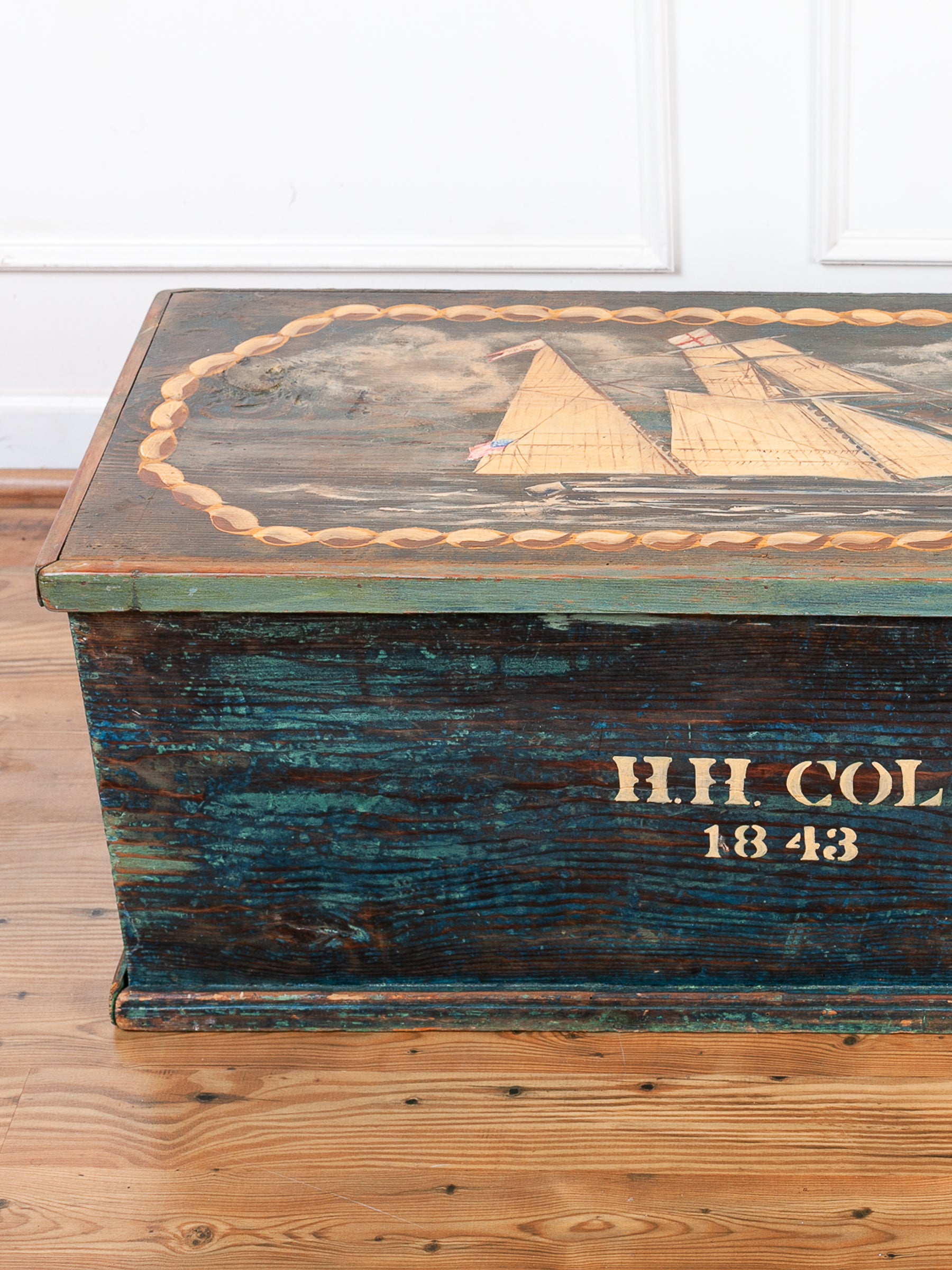 Painted Pine Folk Art Ship Chest Depicting the H.H. Cole, 1843