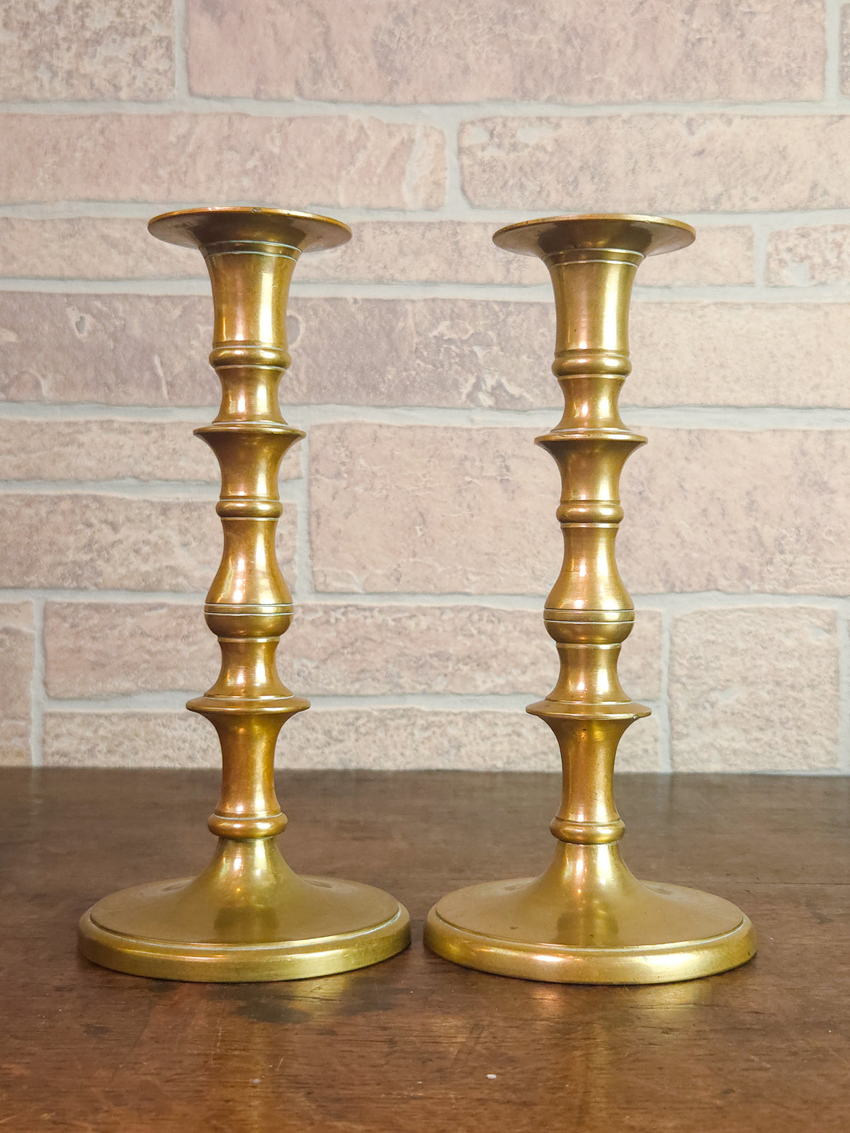 Pair of Antique Victorian Solid Brass Candlesticks with Turned Baluster Stems