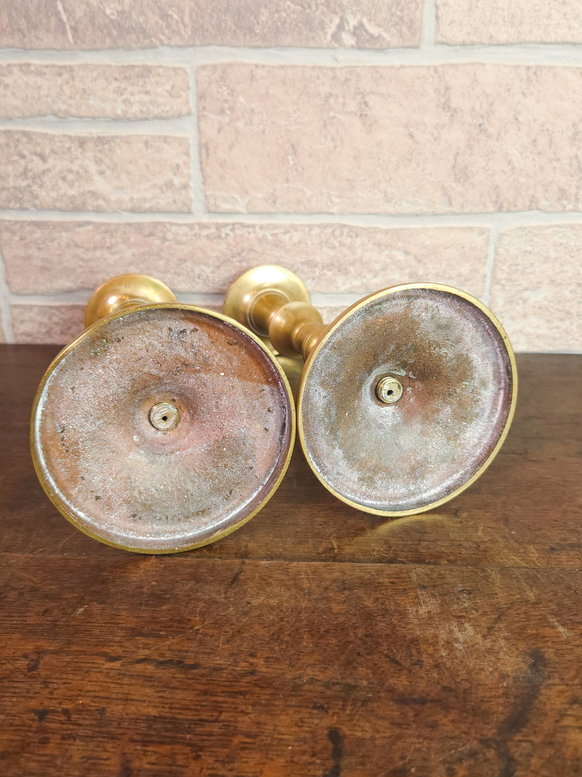 Pair of Antique Victorian Solid Brass Candlesticks with Turned Baluster Stems