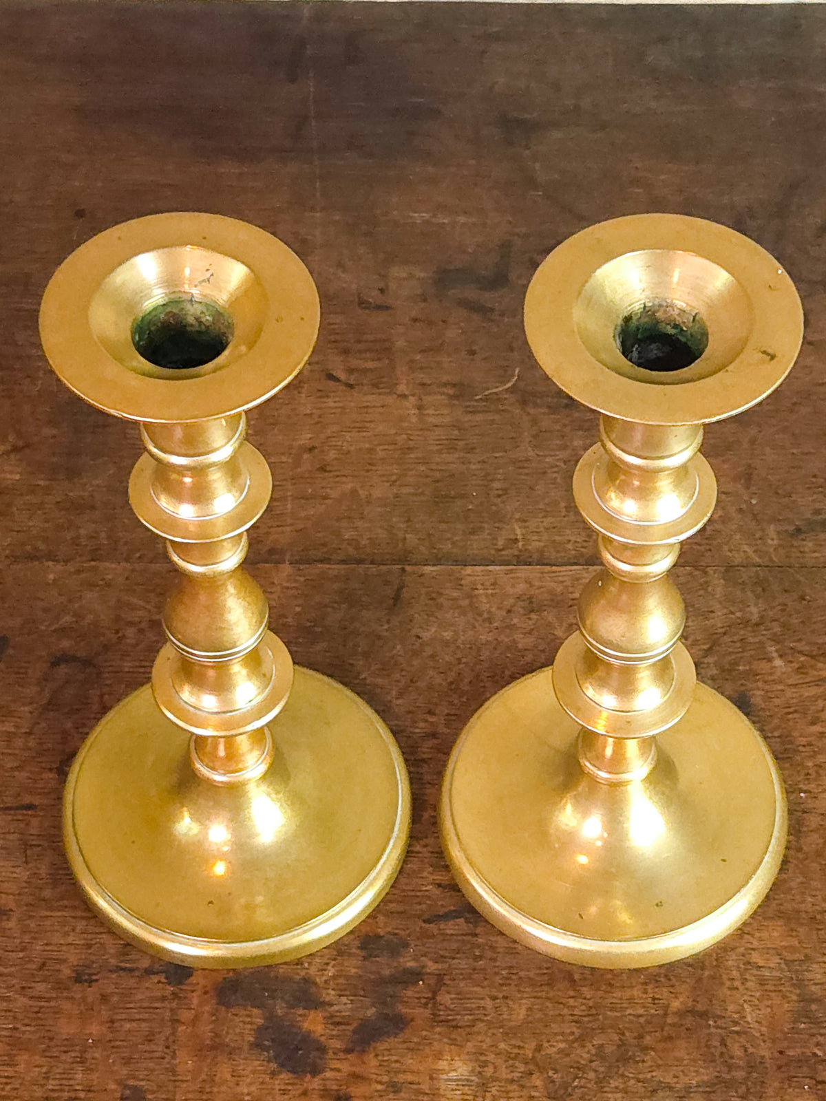 Pair of Antique Victorian Solid Brass Candlesticks with Turned Baluster Stems
