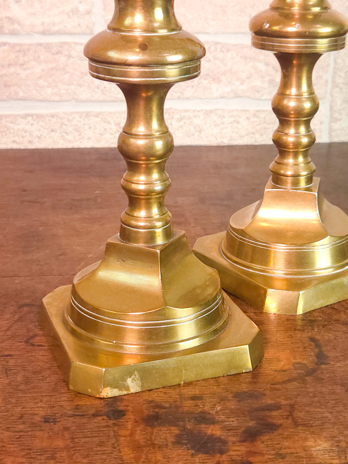 Pair of 19th Century Victorian Heavy Brass Candlesticks with Faceted Square Bases