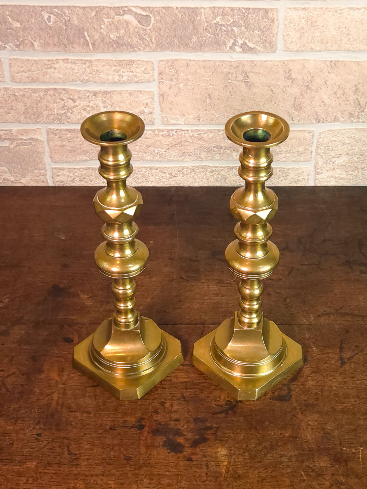 Pair of 19th Century Victorian Heavy Brass Candlesticks with Faceted Square Bases