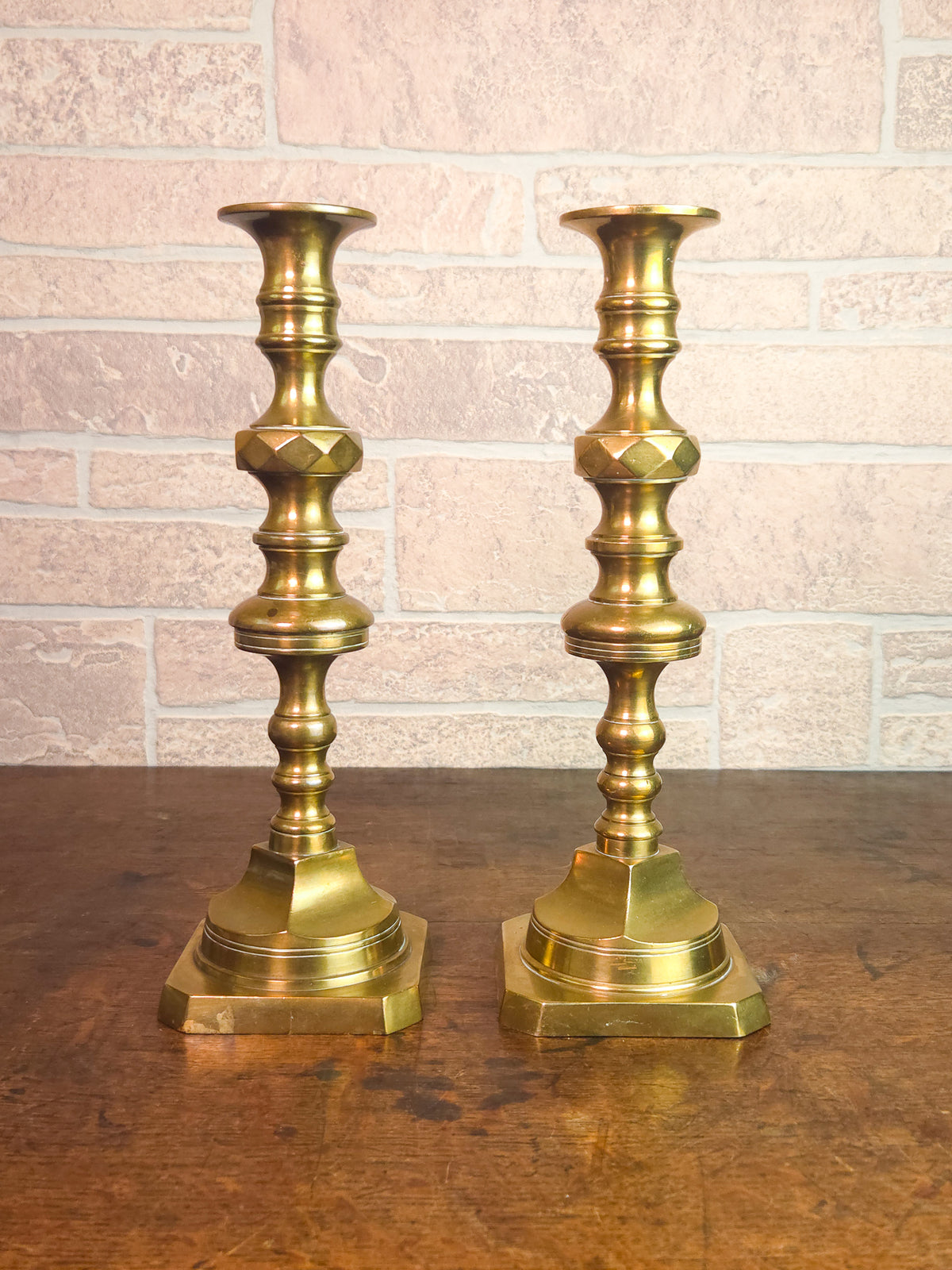 Pair of 19th Century Victorian Heavy Brass Candlesticks with Faceted Square Bases