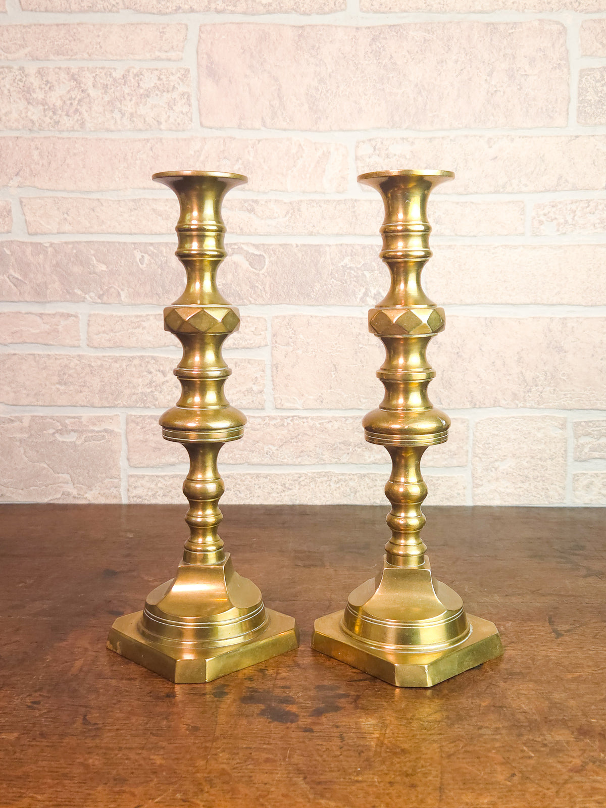 Pair of 19th Century Victorian Heavy Brass Candlesticks with Faceted Square Bases