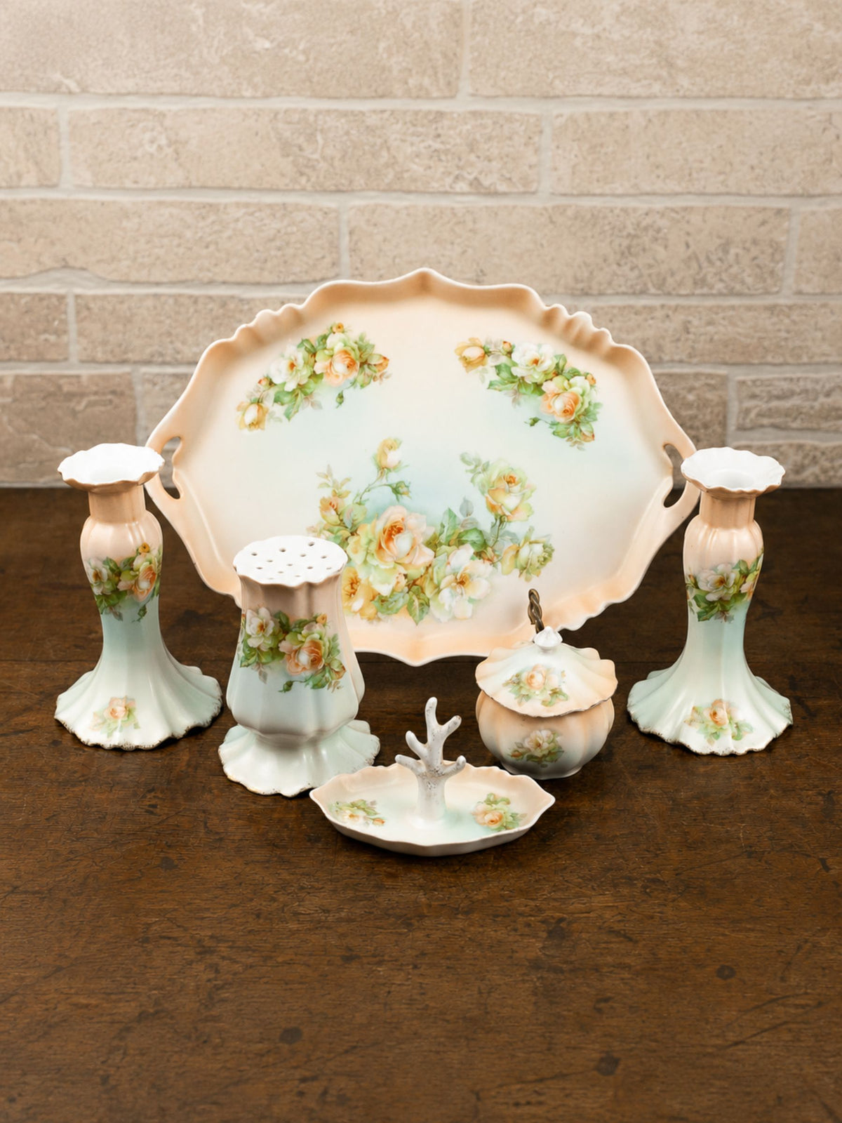 Victorian Art Nouveau Seven-Piece Porcelain Vanity Set