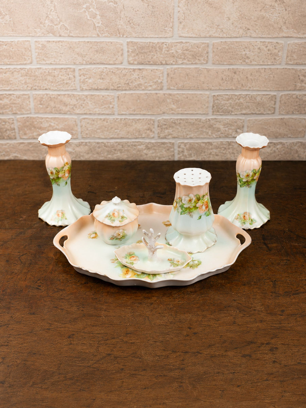 Victorian Art Nouveau Seven-Piece Porcelain Vanity Set
