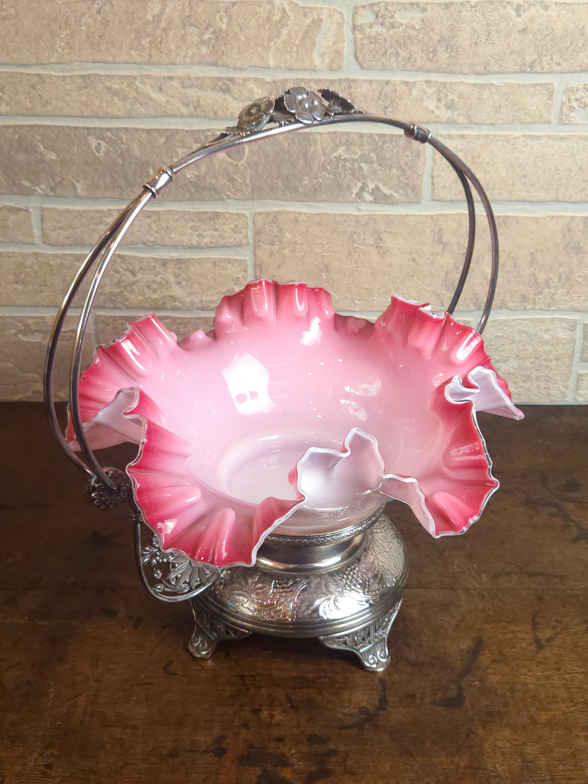 Victorian Pink & White Ruffled Art Glass Bridal Basket with Pairpoint Silver-Plated Stand