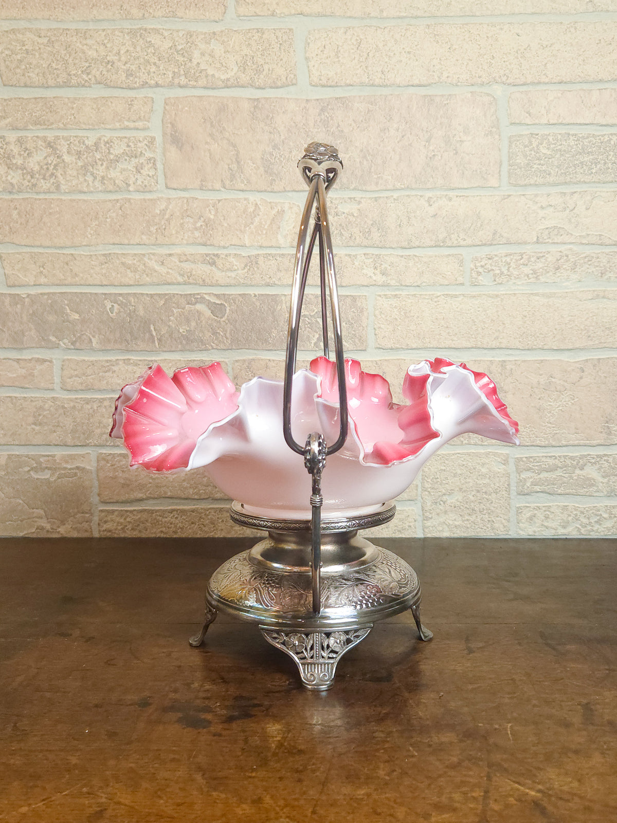 Victorian Pink & White Ruffled Art Glass Bridal Basket with Pairpoint Silver-Plated Stand