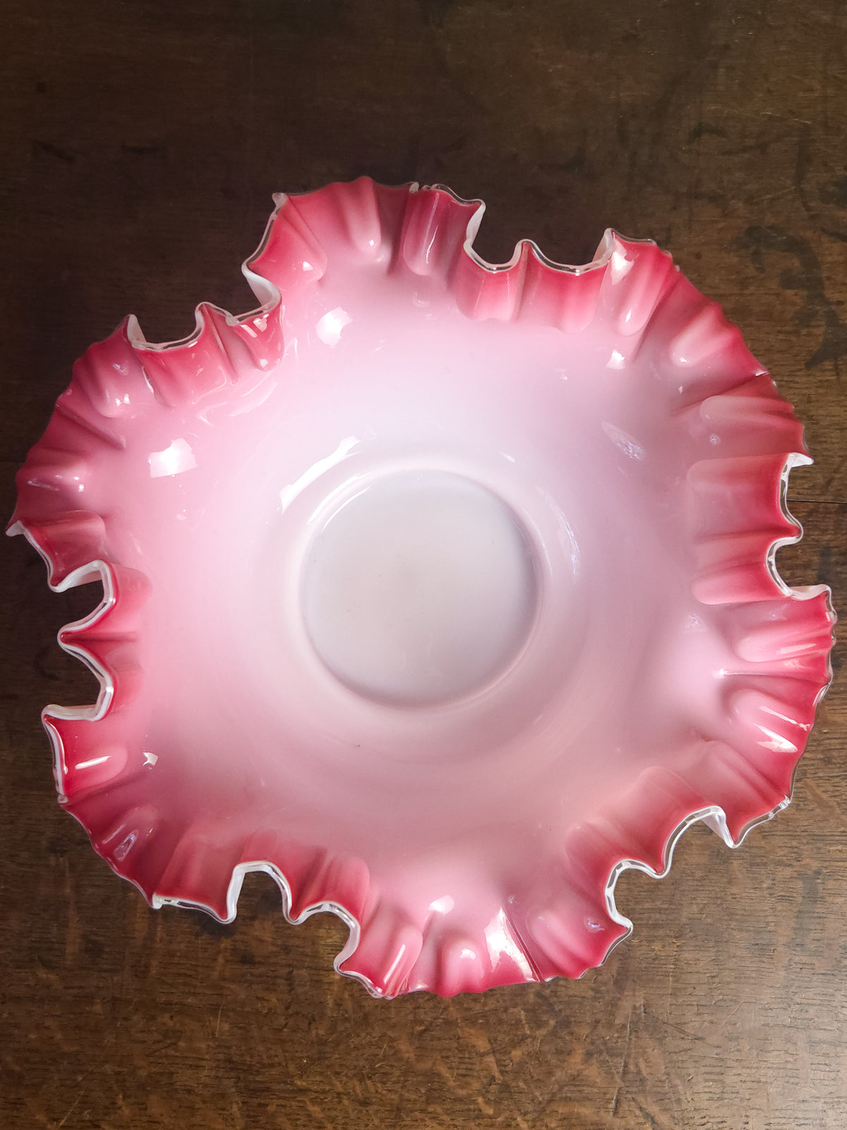Victorian Pink & White Ruffled Art Glass Bridal Basket with Pairpoint Silver-Plated Stand