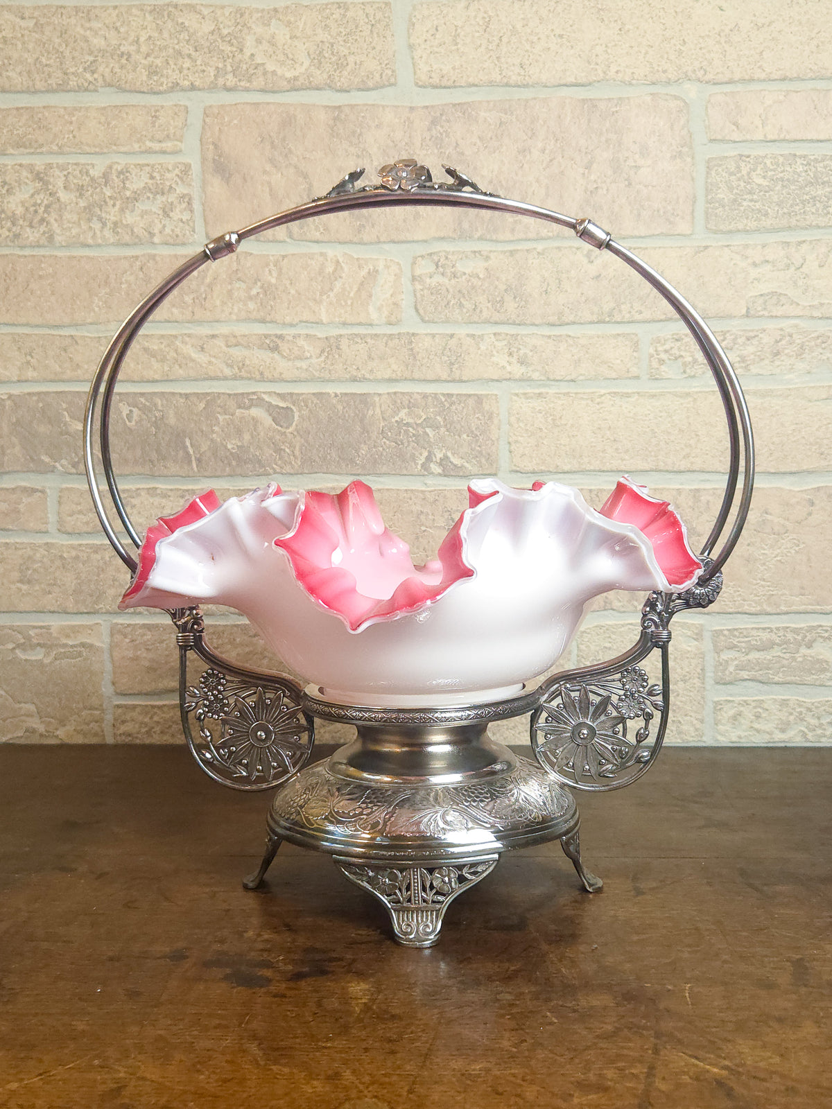 Victorian Pink & White Ruffled Art Glass Bridal Basket with Pairpoint Silver-Plated Stand