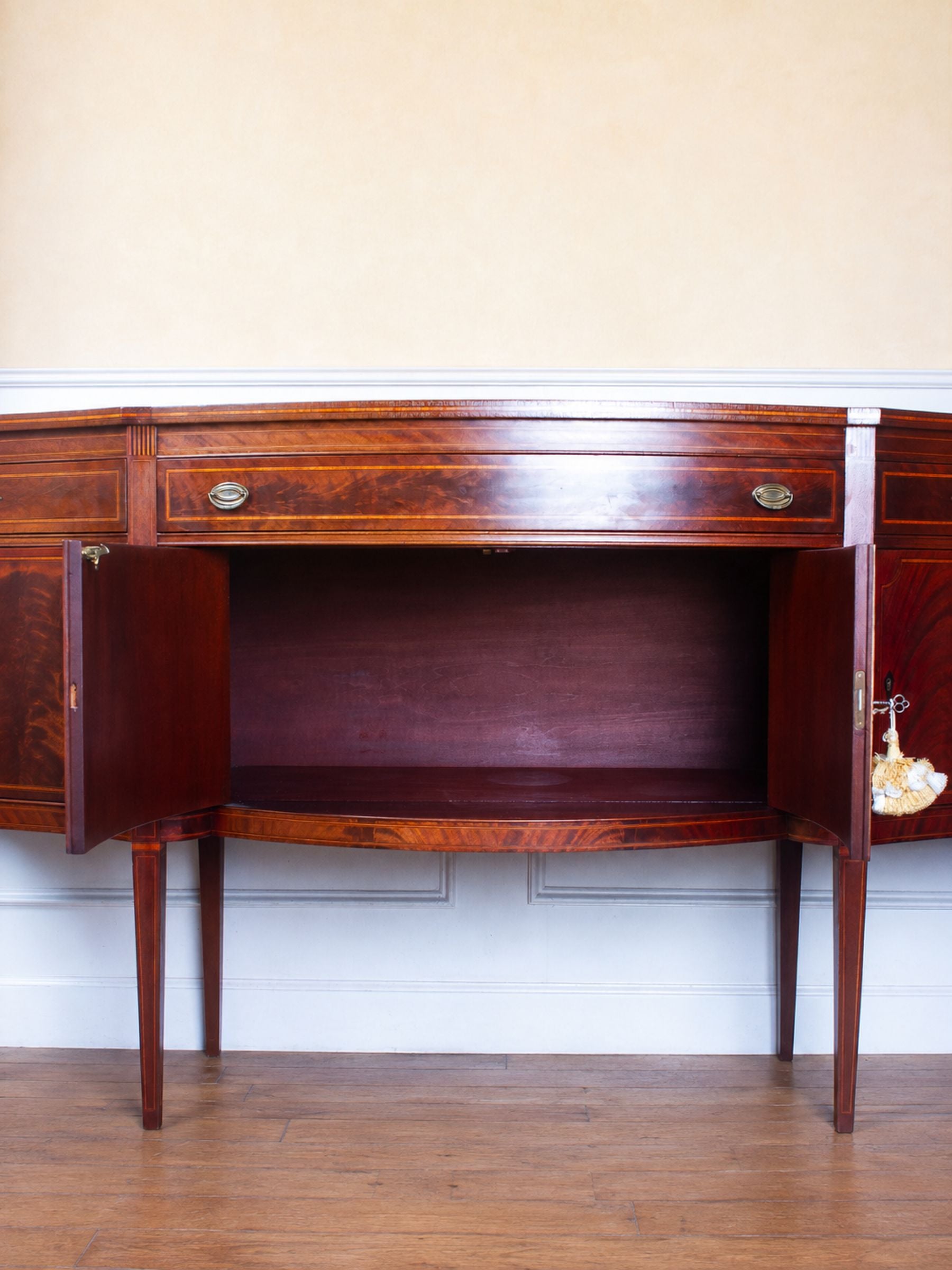 Large Antique Federal Style Inlaid Flame Mahogany Sideboard, Williams-Kimp, Grand Rapids, MI.