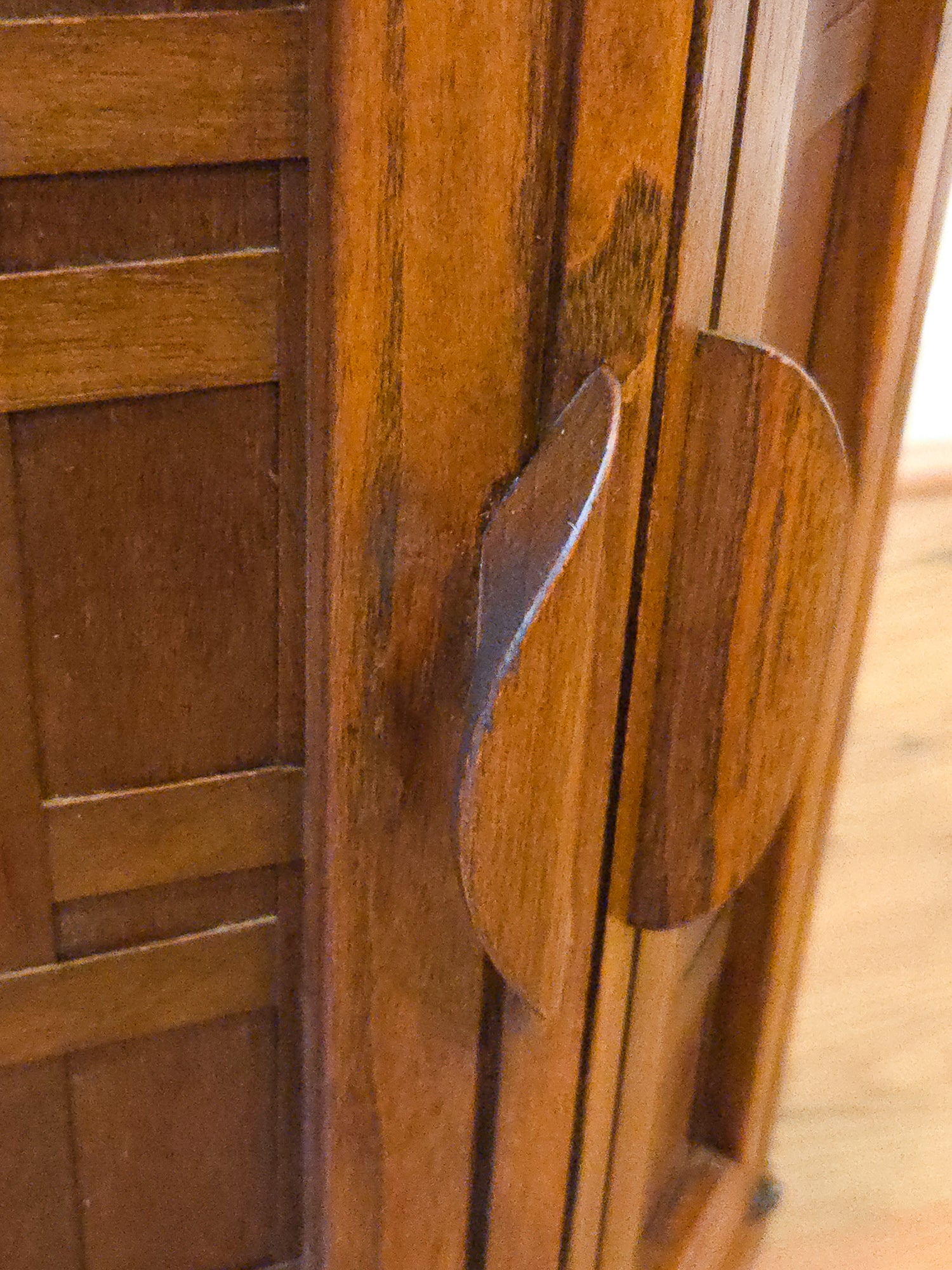Close-up of a warm medium-brown wooden cabinet door with a distinctive curved, leaf-like wooden handle, set against a softly blurred light wood floor background.
