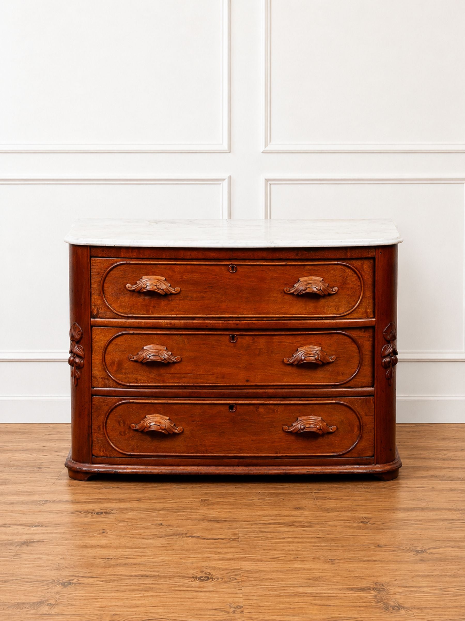 Antique Late 19th Century Victorian Carved Walnut Marble Top Chest of Drawers Dresser.