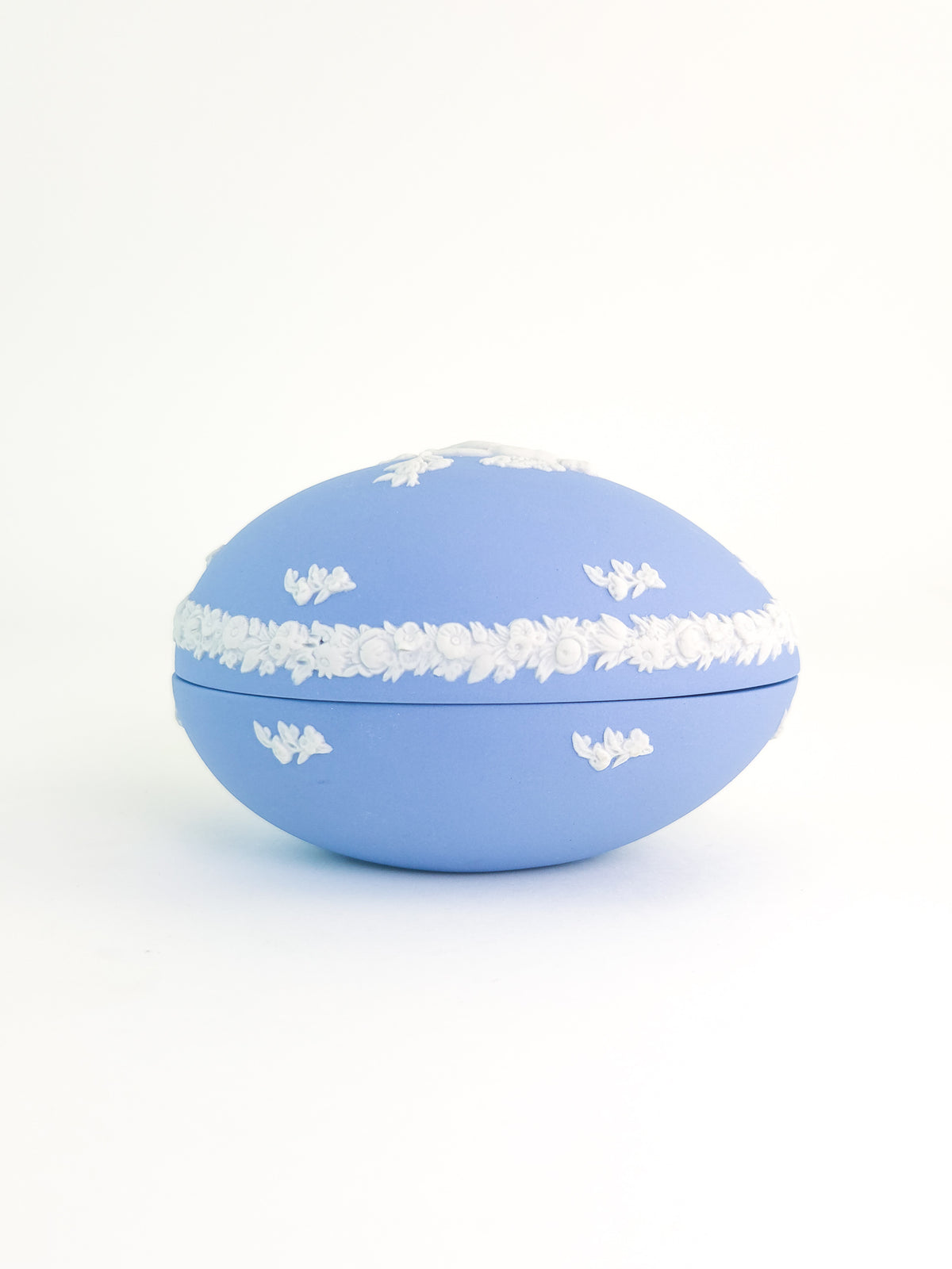 Wedgwood Blue Jasperware Egg-Shaped Trinket Box with Cherub Decoration