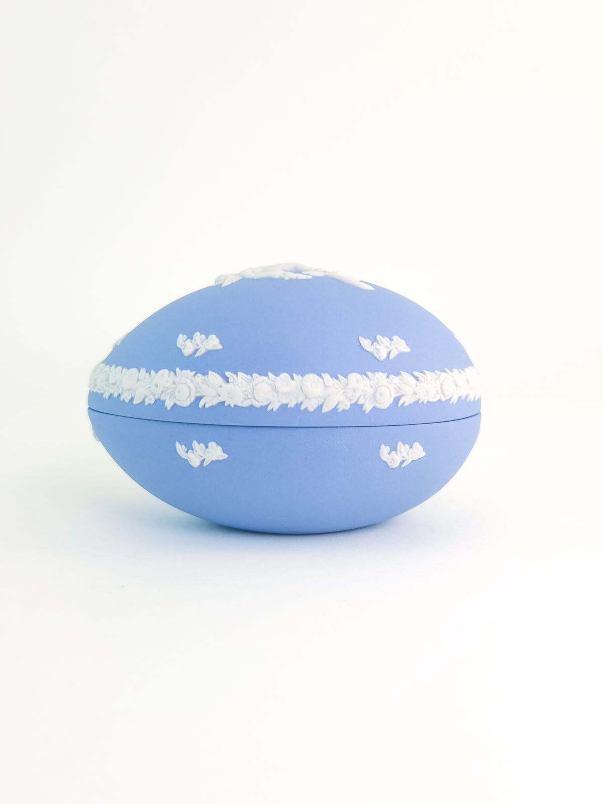 Wedgwood Blue Jasperware Egg-Shaped Trinket Box with Cherub Decoration