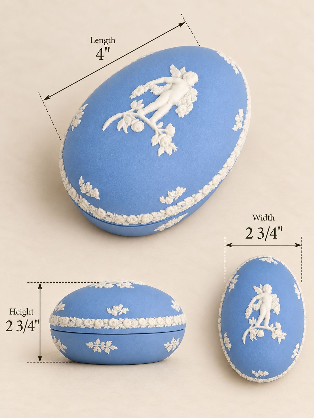 Wedgwood Blue Jasperware Egg-Shaped Trinket Box with Cherub Decoration