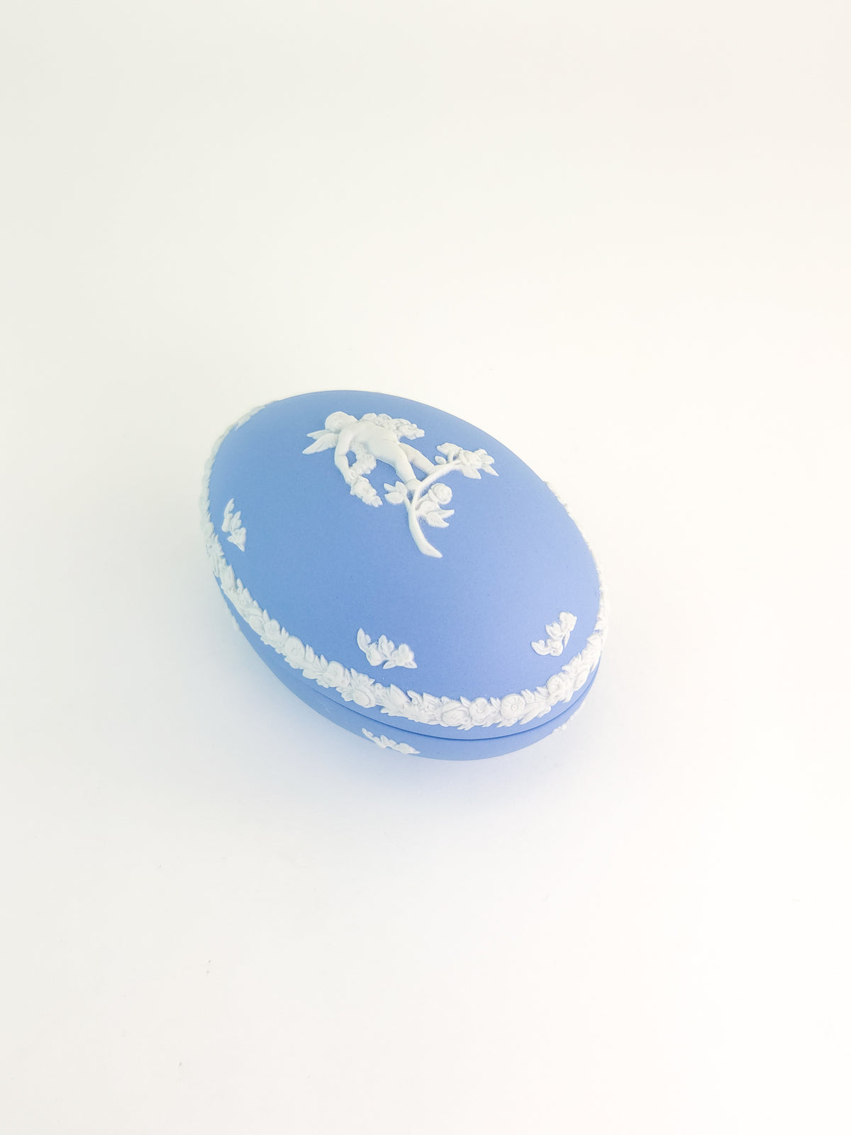 Wedgwood Blue Jasperware Egg-Shaped Trinket Box with Cherub Decoration
