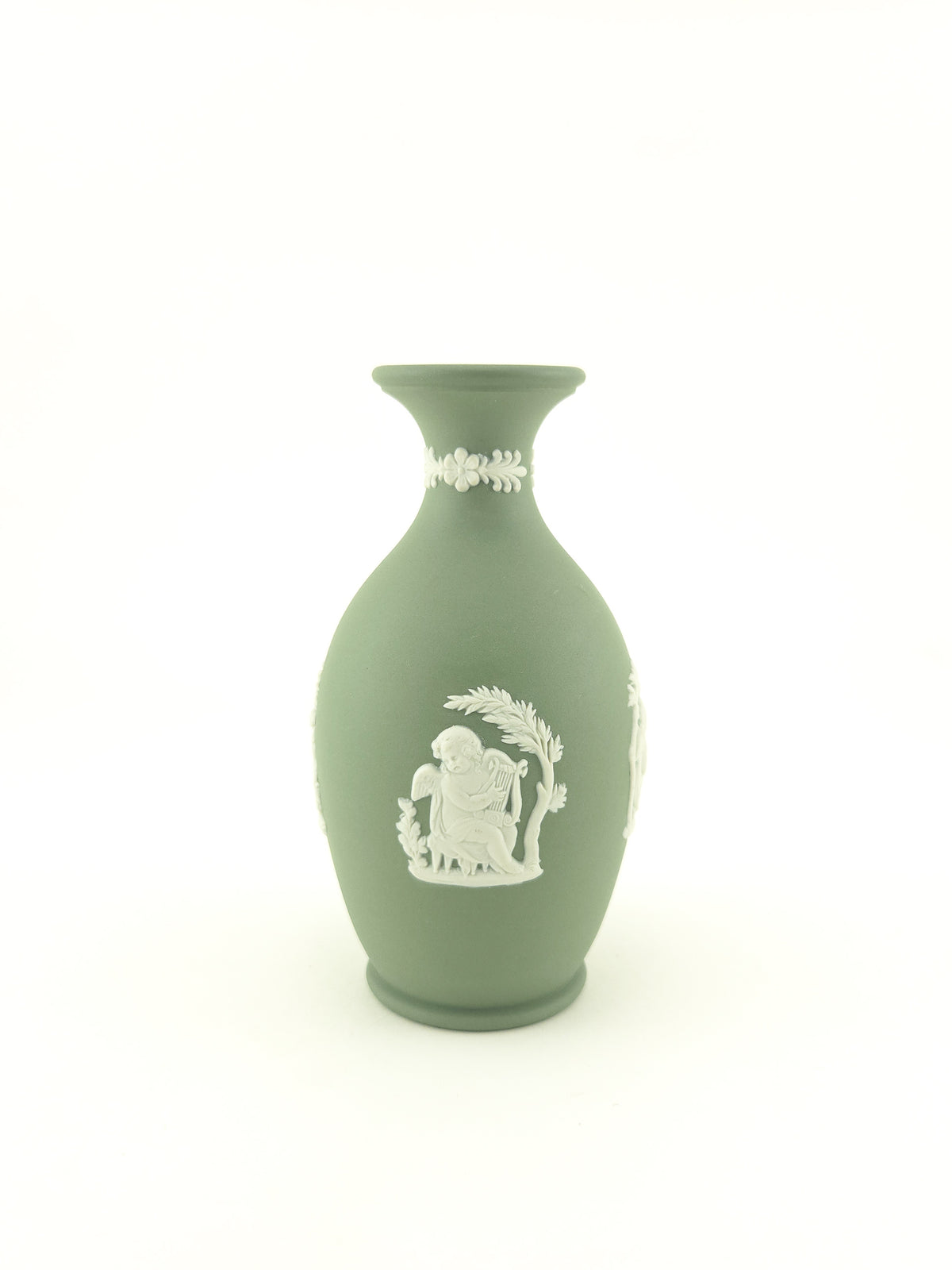 Vintage Wedgwood Sage Green Jasperware Bud Vase with Classical White Relief Decoration