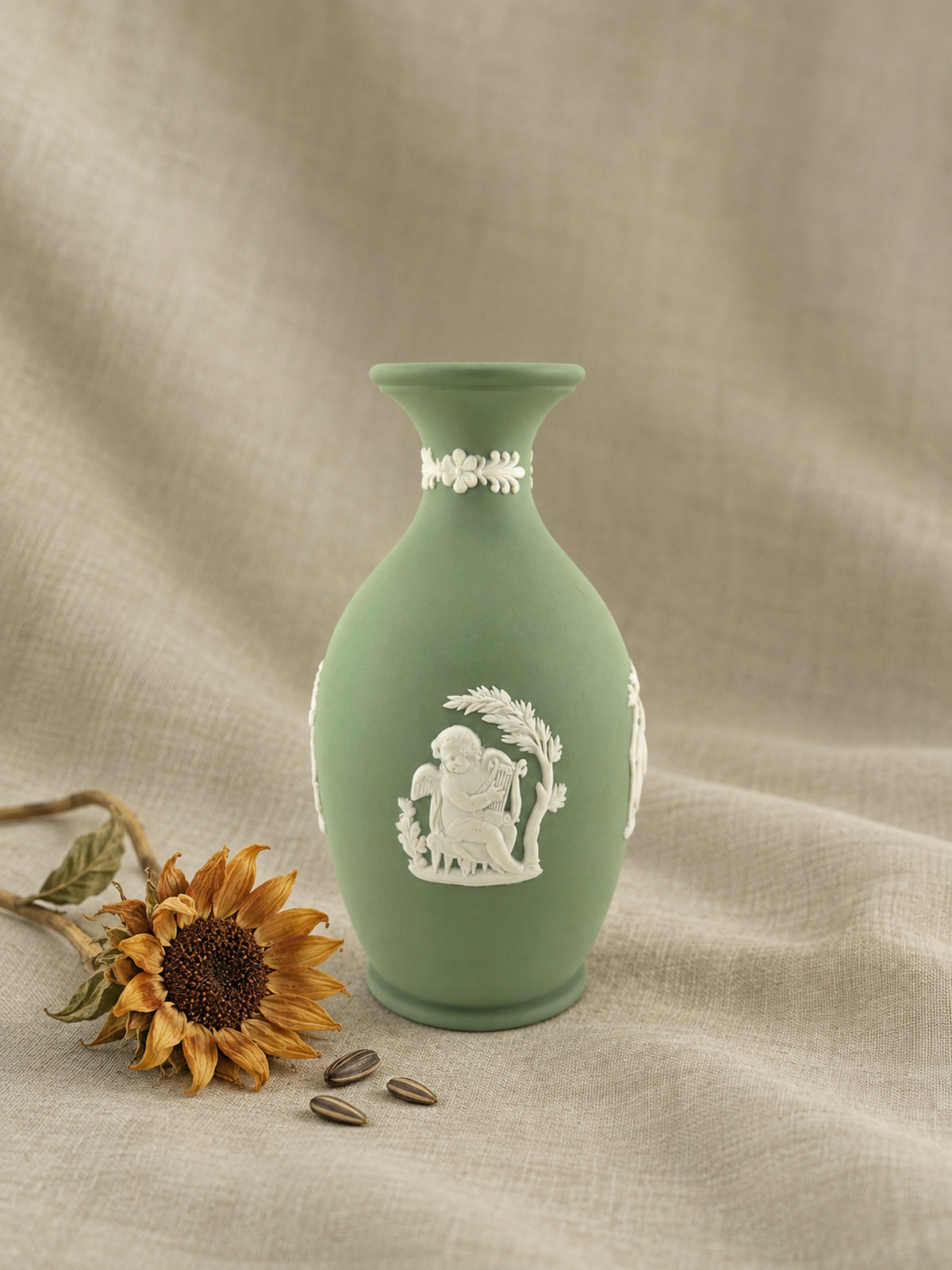 Vintage Wedgwood Sage Green Jasperware Bud Vase with Classical White Relief Decoration