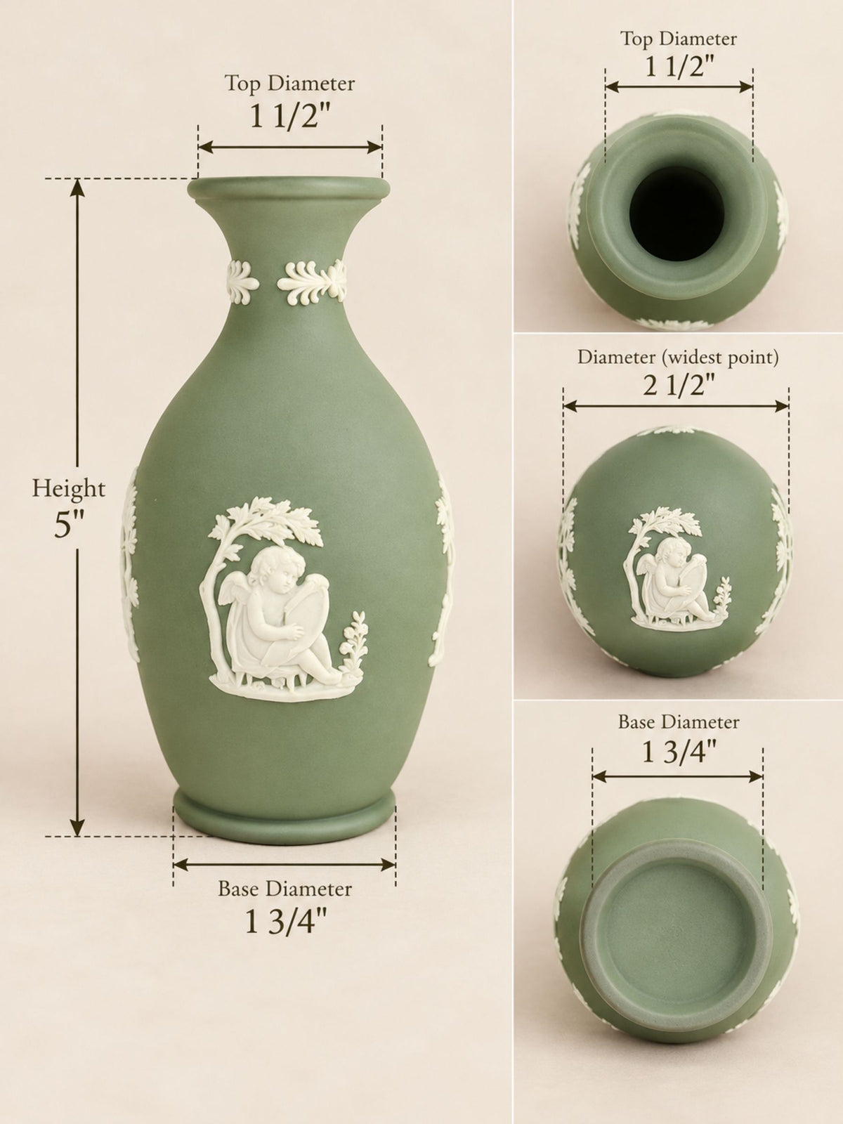 Vintage Wedgwood Sage Green Jasperware Bud Vase with Classical White Relief Decoration