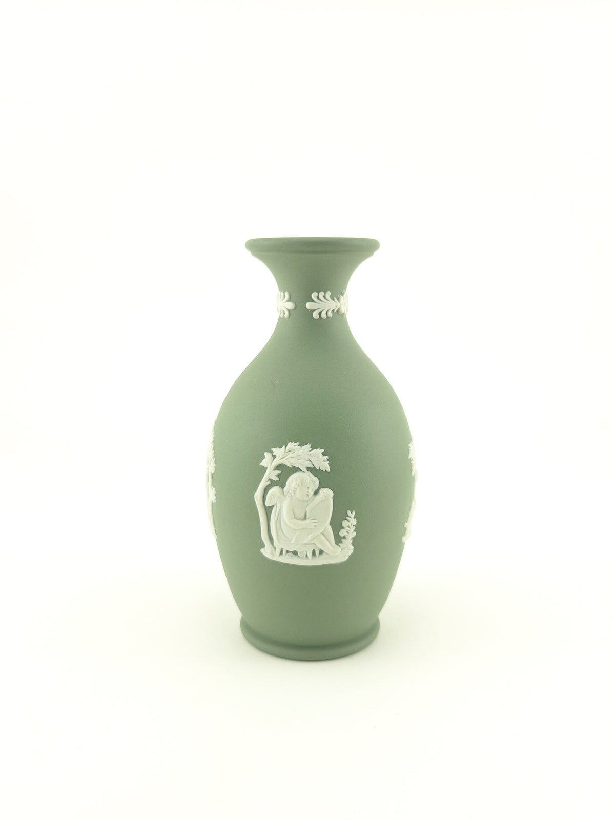 Vintage Wedgwood Sage Green Jasperware Bud Vase with Classical White Relief Decoration