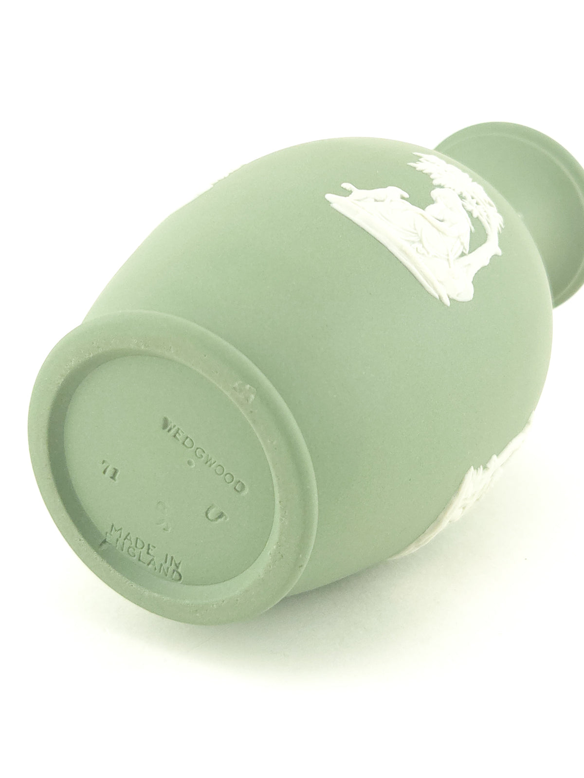 Vintage Wedgwood Sage Green Jasperware Bud Vase with Classical White Relief Decoration