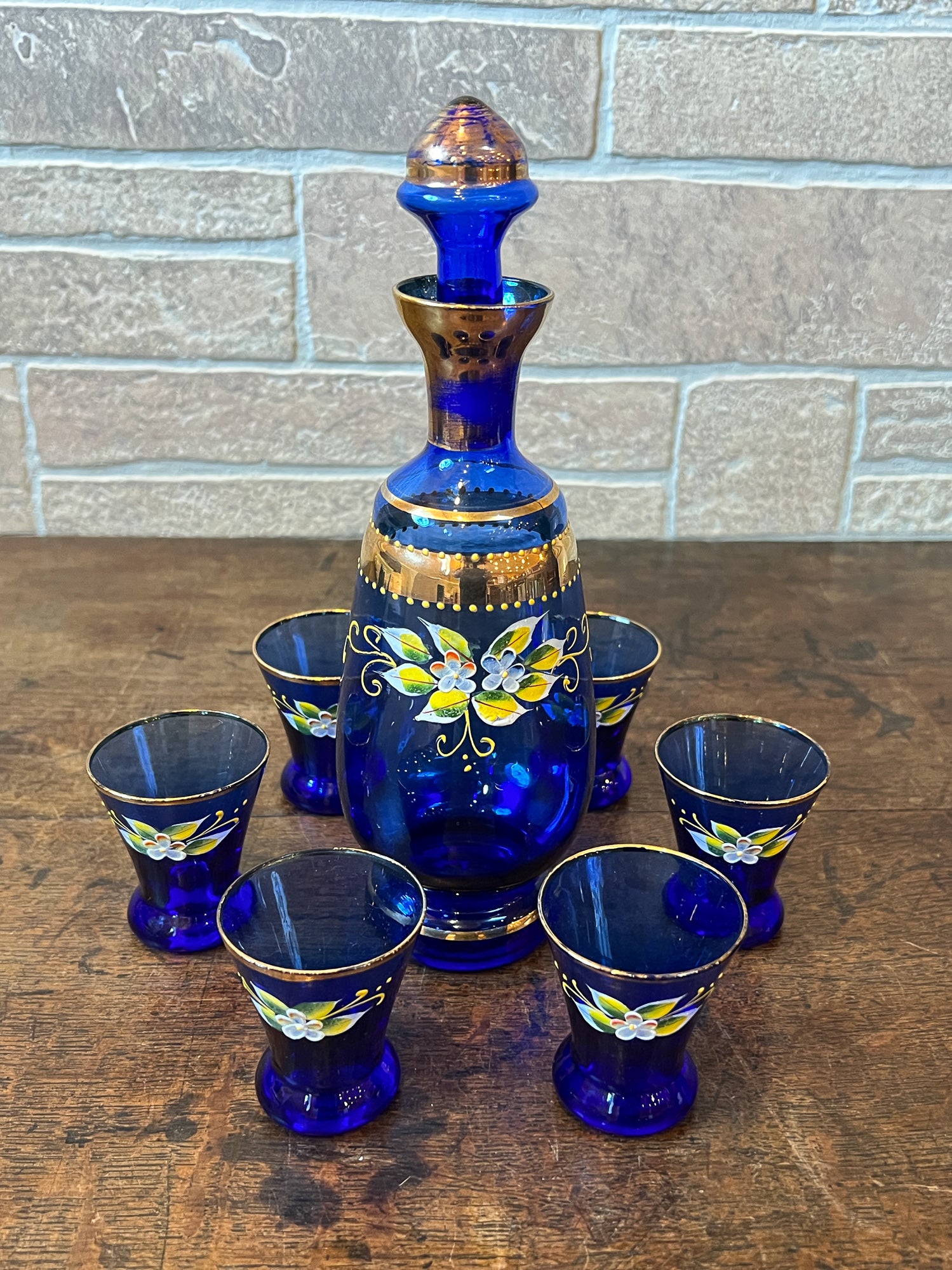 Vintage Venetian Style Cobalt Blue Glass Decanter & Six Shot Glasses