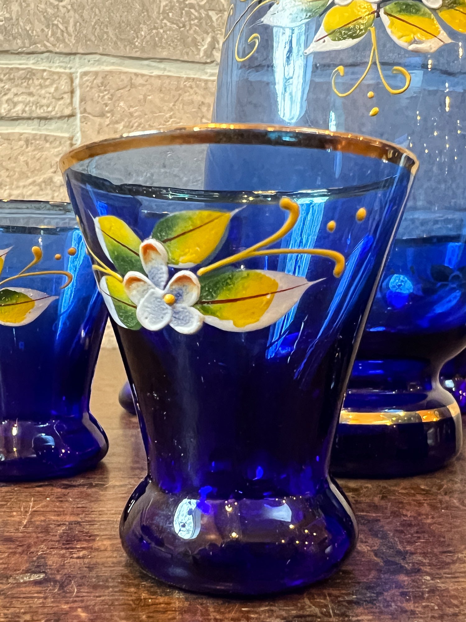 Vintage Venetian Style Cobalt Blue Glass Decanter & Six Shot Glasses