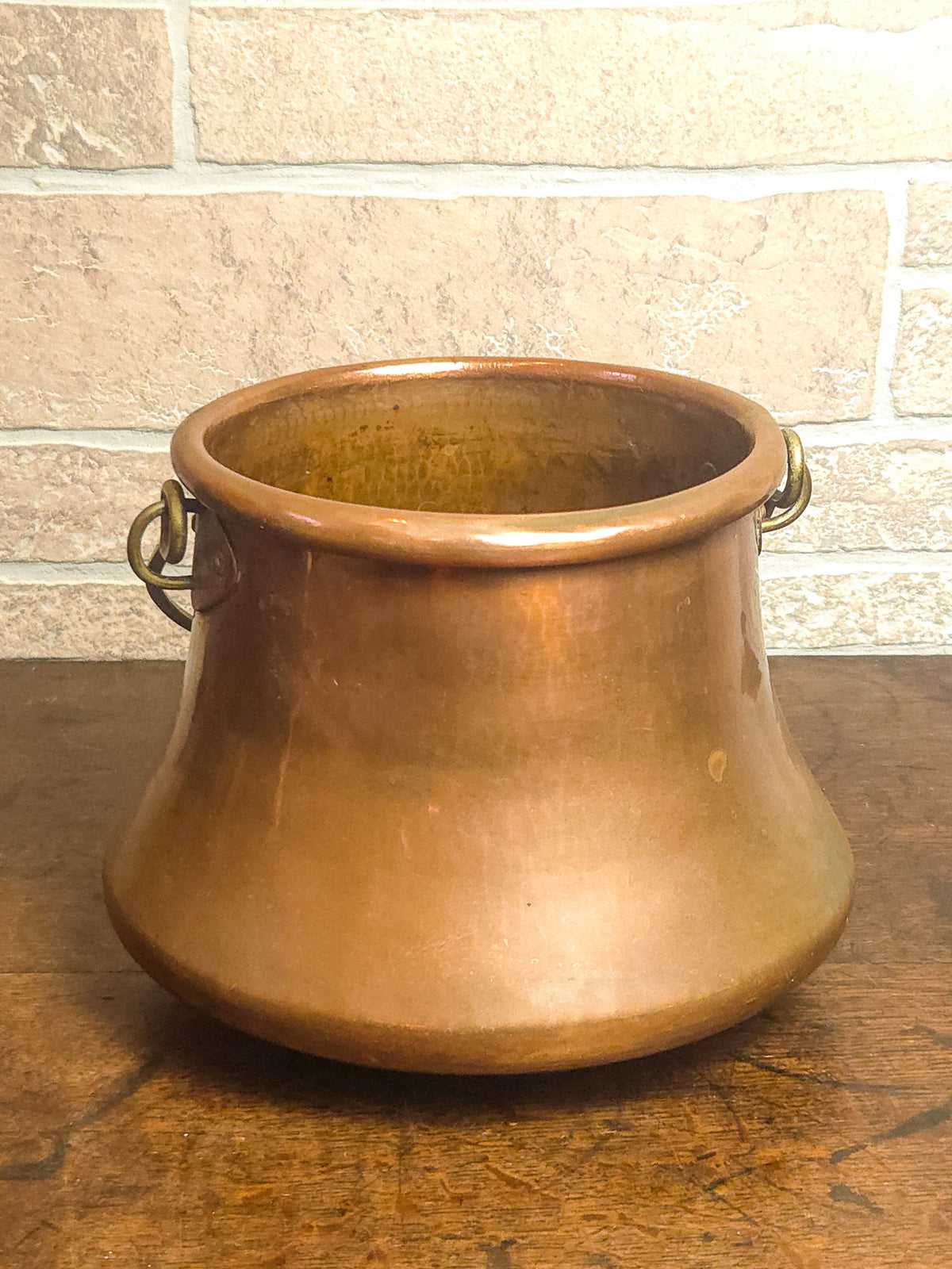 Antique French Aurillac Copper Cauldron with Brass Handle