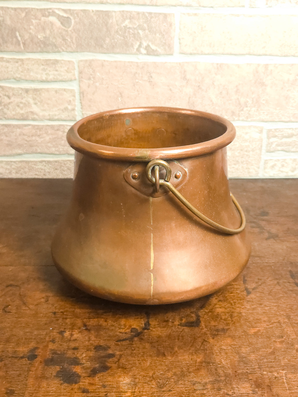 Antique French Aurillac Copper Cauldron with Brass Handle