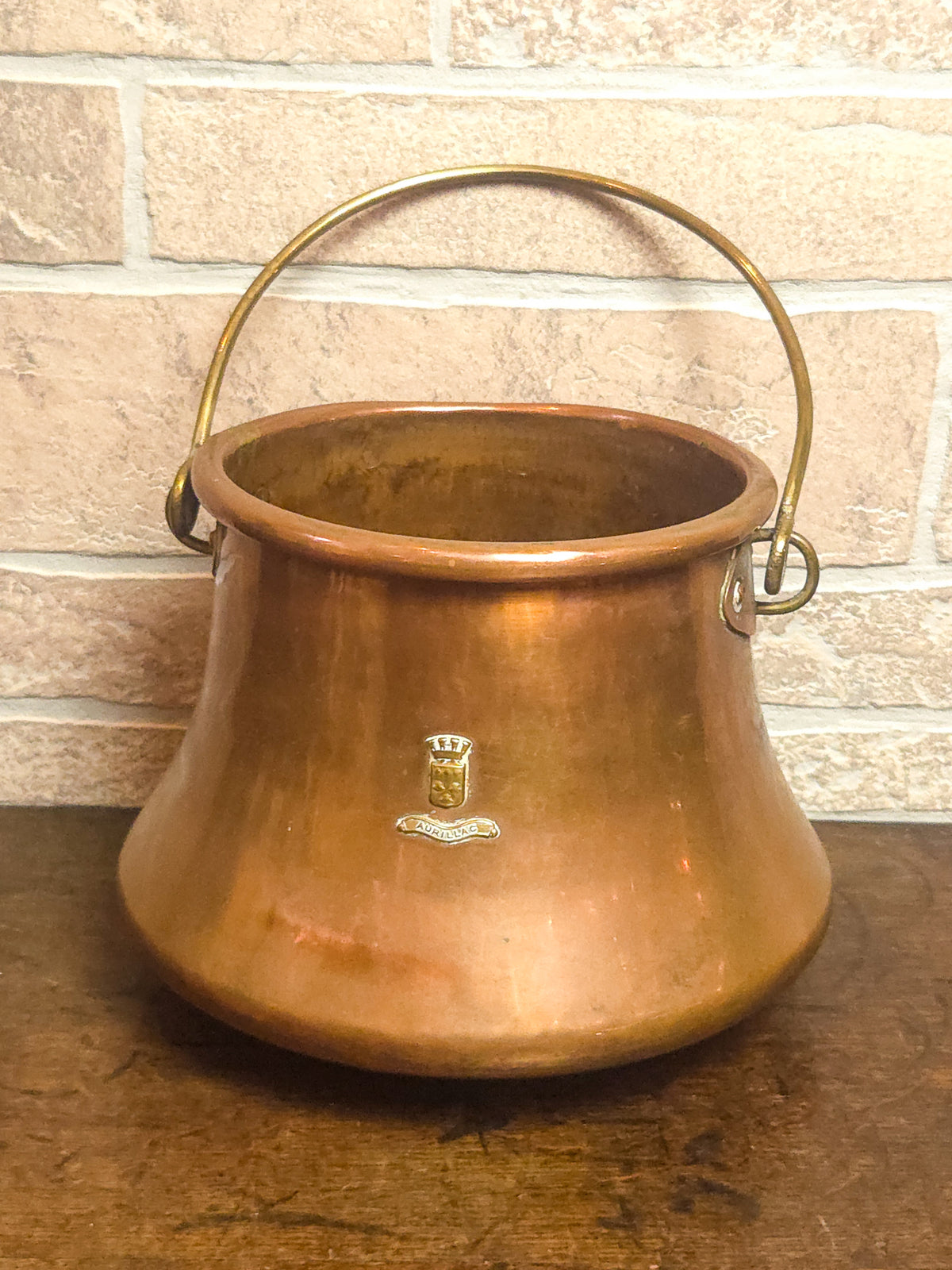 Antique French Aurillac Copper Cauldron with Brass Handle