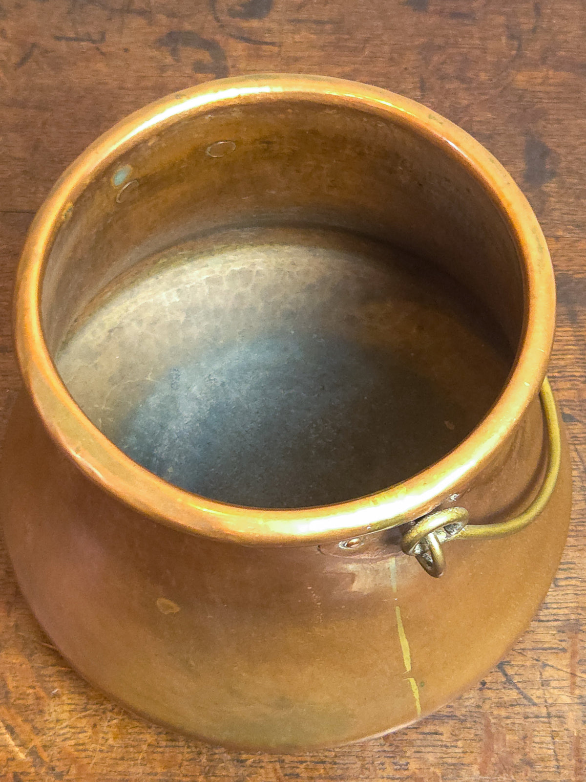 Antique French Aurillac Copper Cauldron with Brass Handle