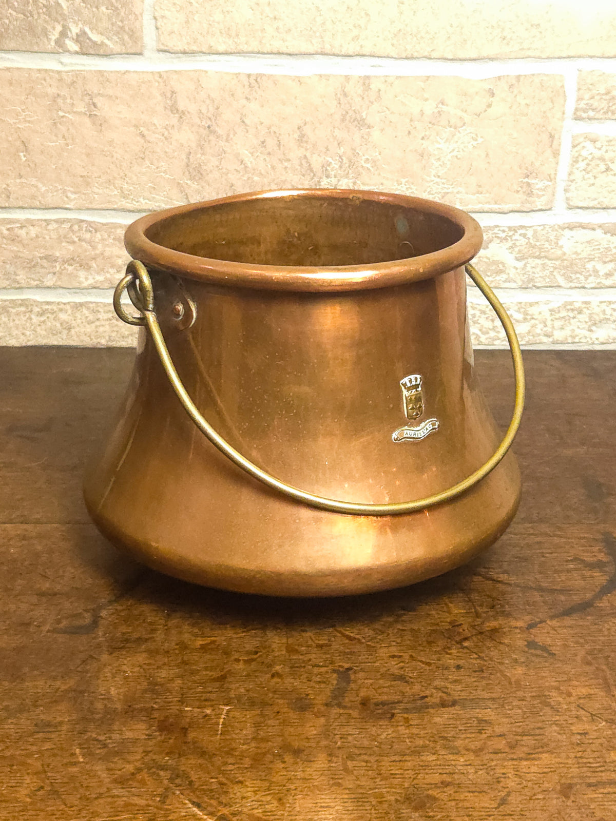 Antique French Aurillac Copper Cauldron with Brass Handle