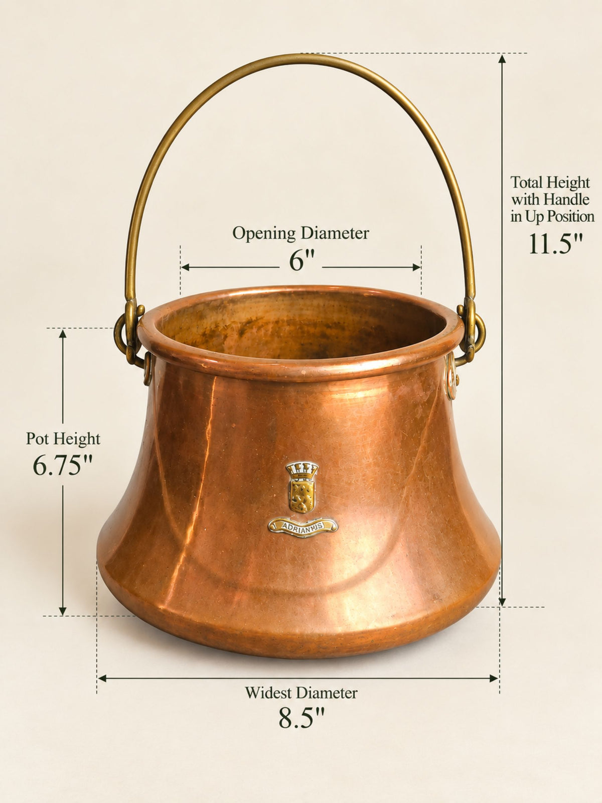 Antique French Aurillac Copper Cauldron with Brass Handle