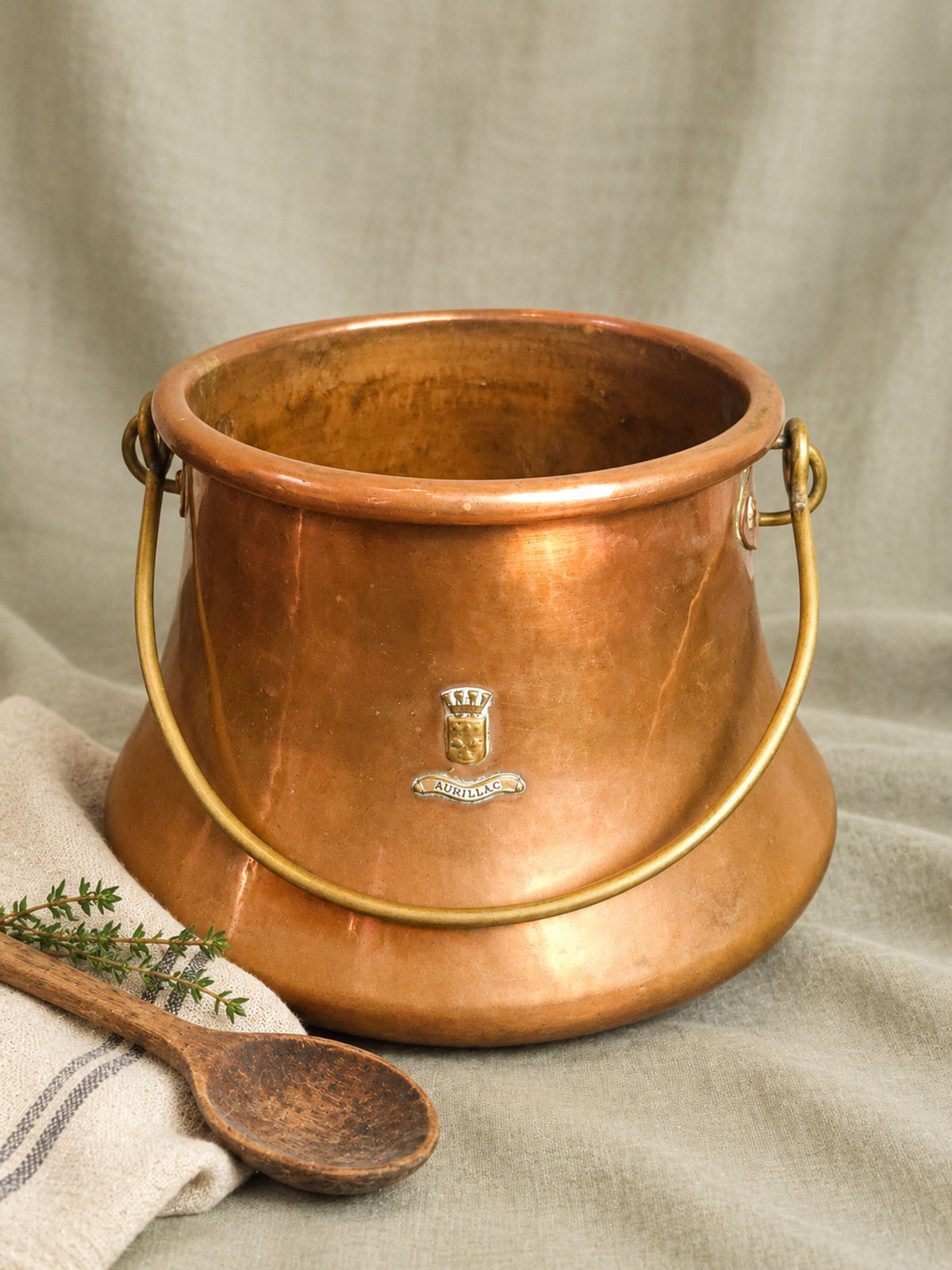 Antique French Aurillac Copper Cauldron with Brass Handle