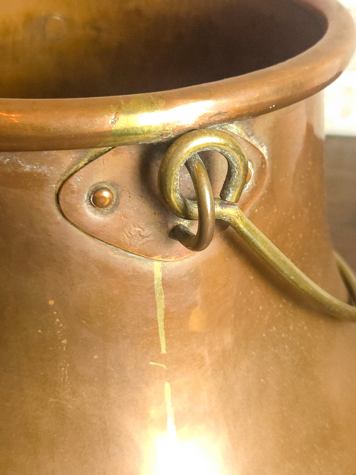 Antique French Aurillac Copper Cauldron with Brass Handle