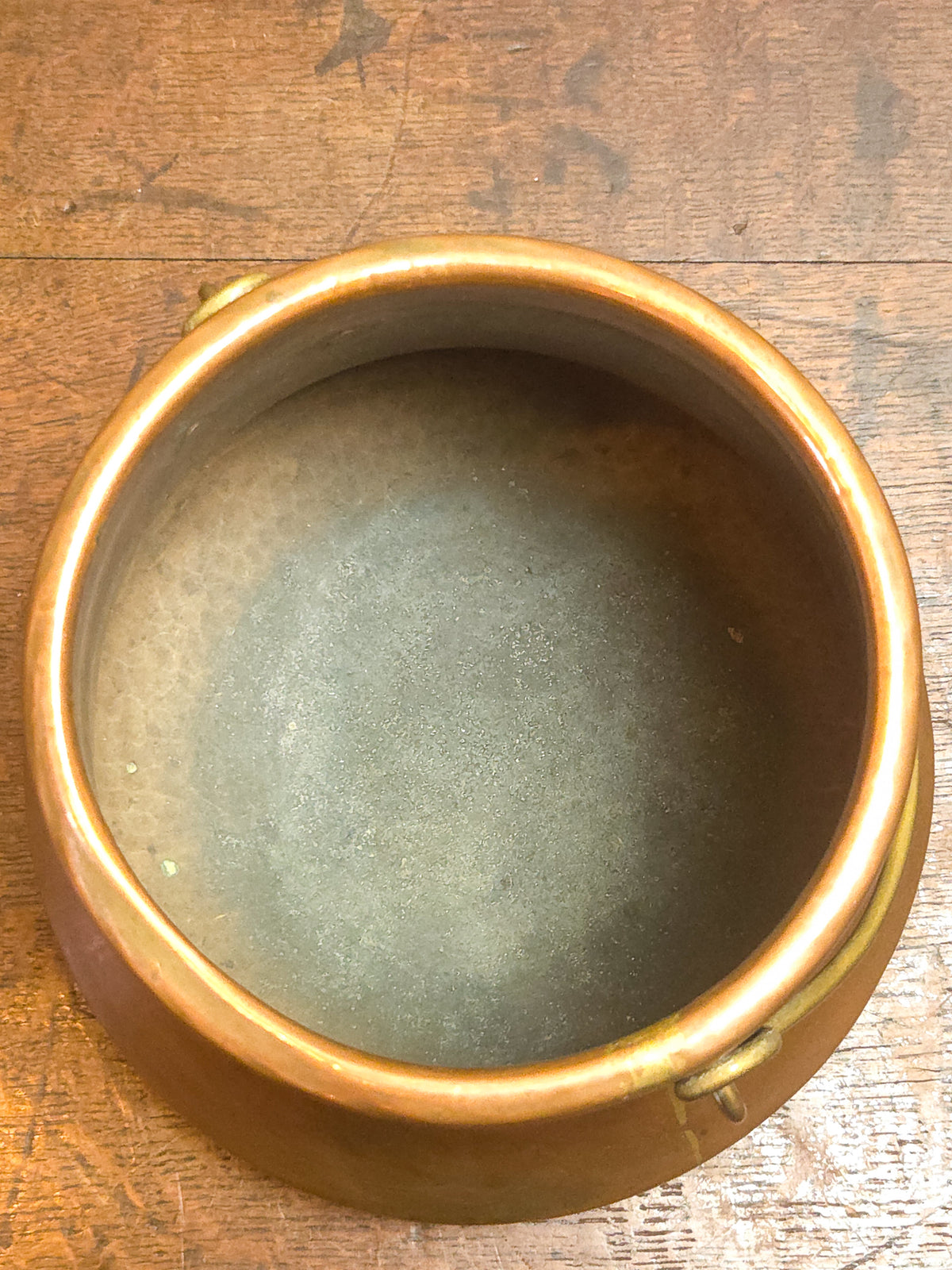 Antique French Aurillac Copper Cauldron with Brass Handle