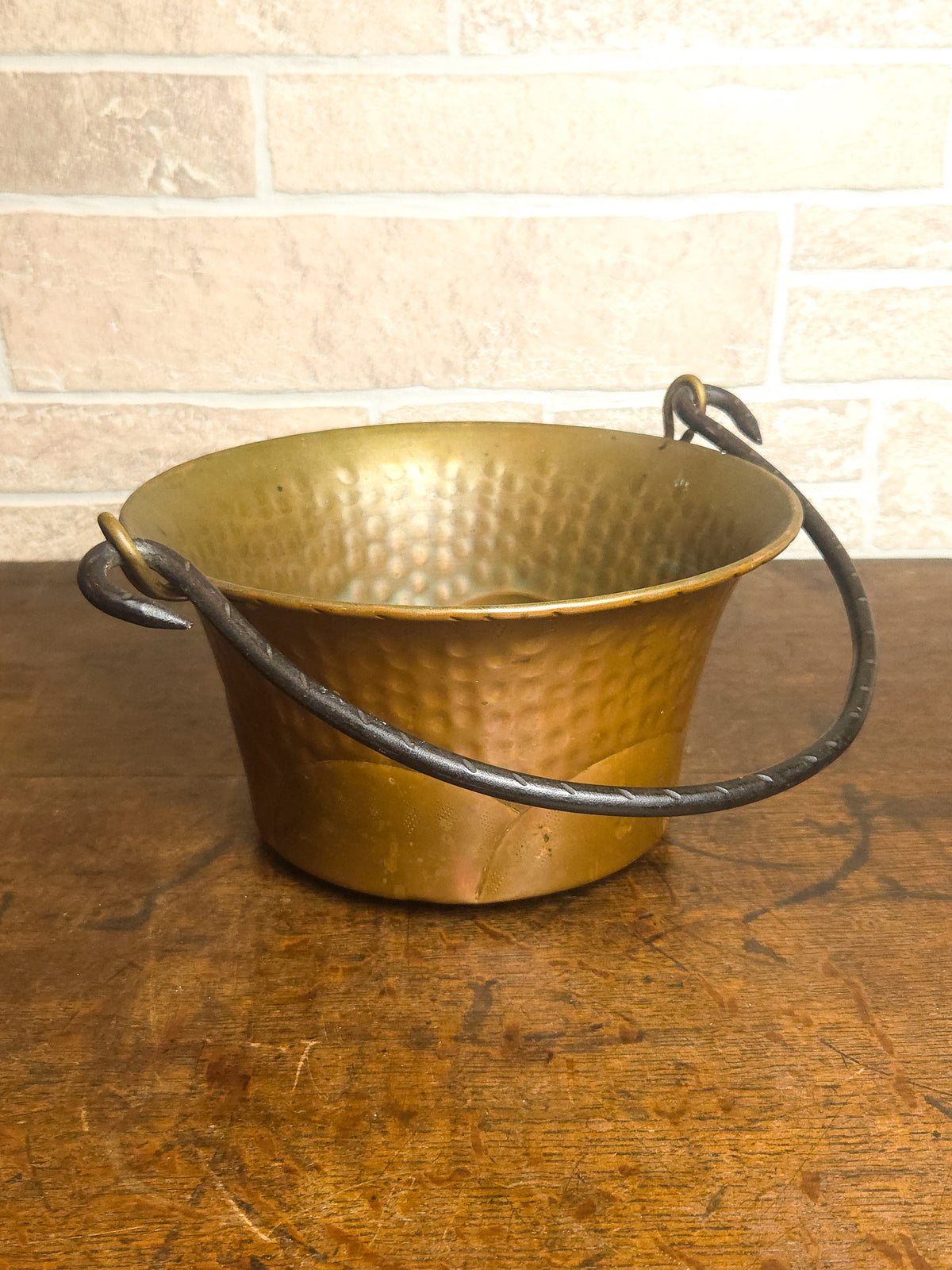 Antique French Hand-Hammered Copper & Brass Cauldron with Wrought Iron Handle