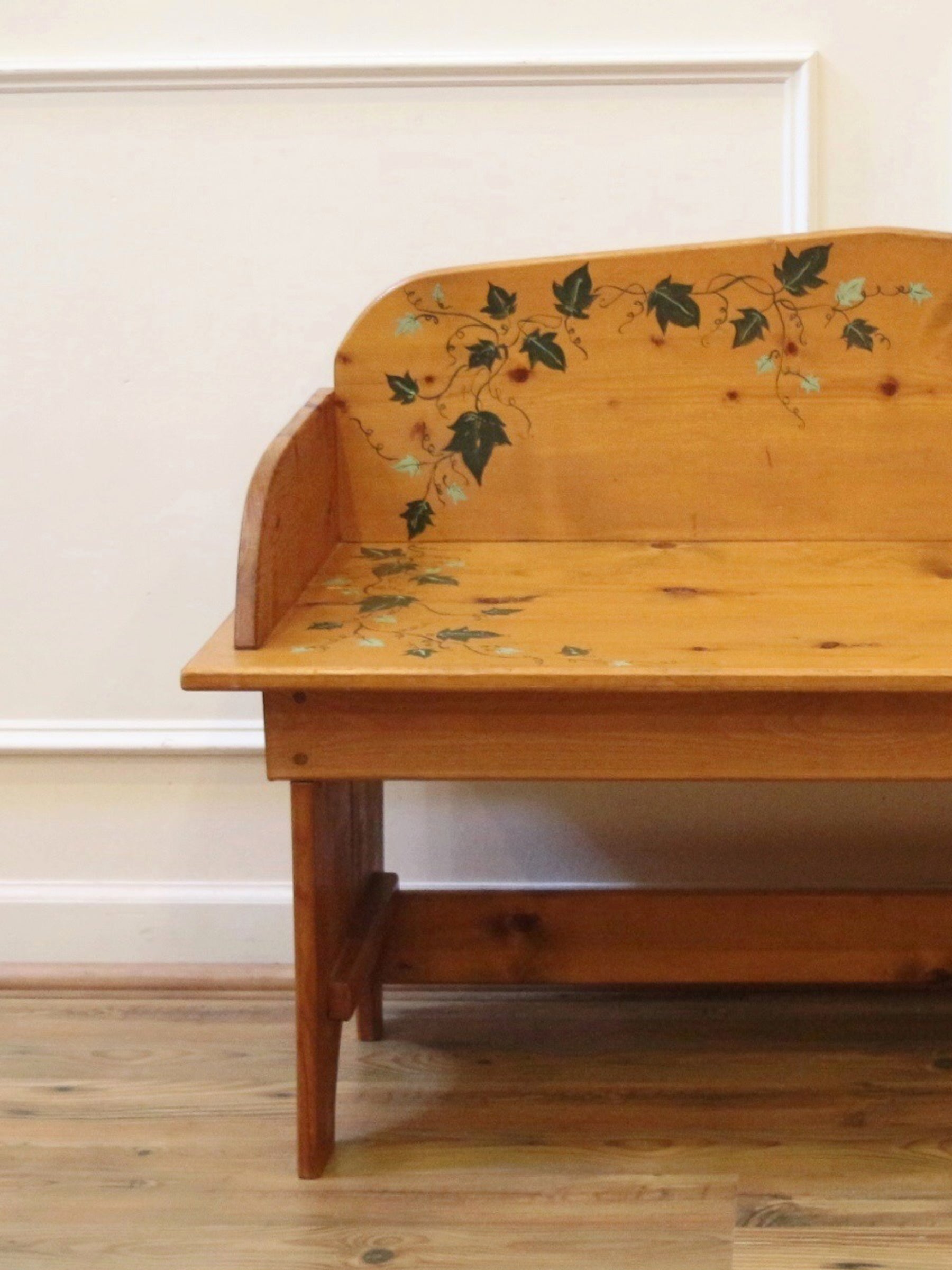 English Country Cottage Pine Bench, Handpainted.