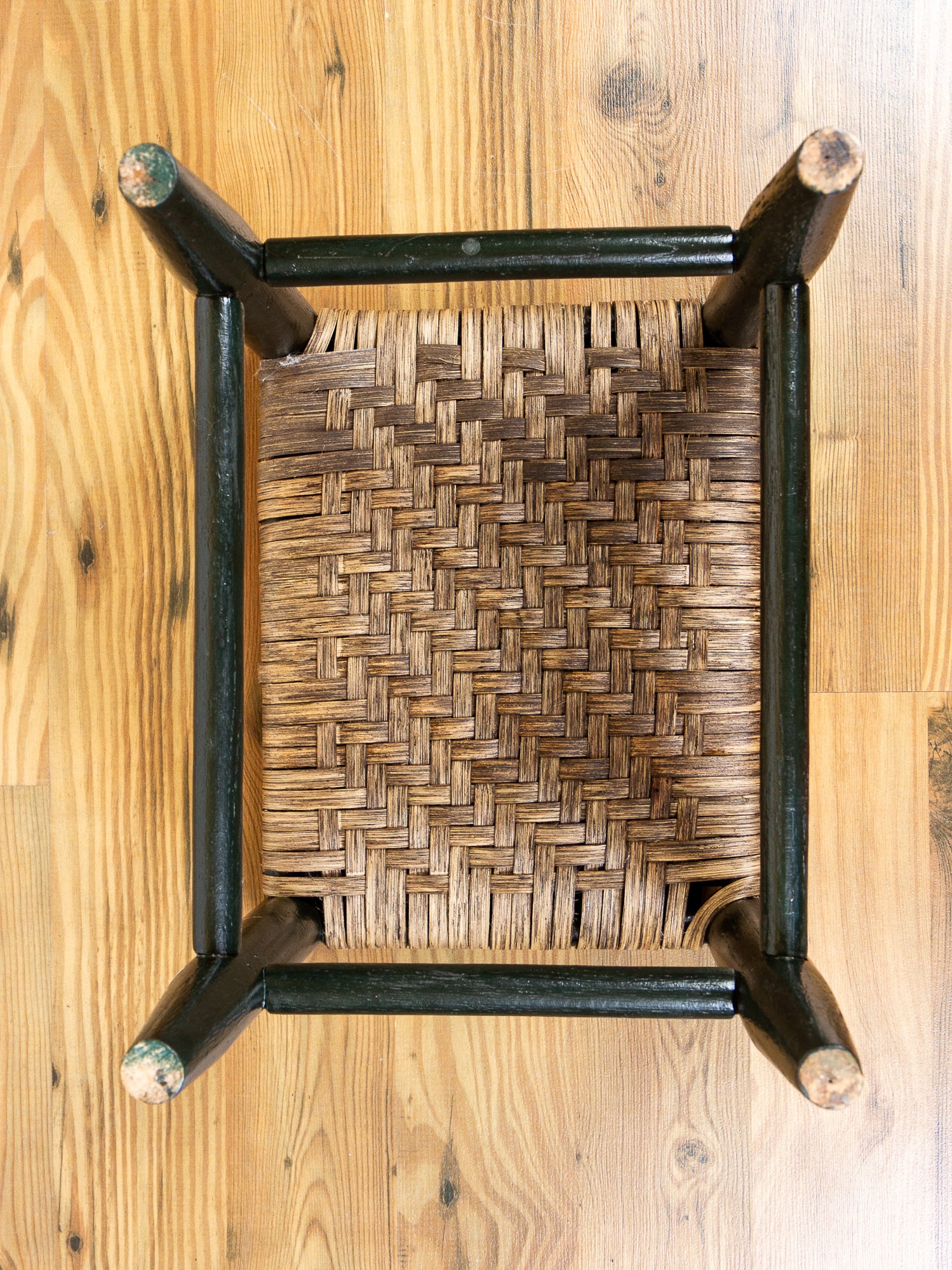 Hand-Painted Country Wooden Footstool with Woven Reed Seat
