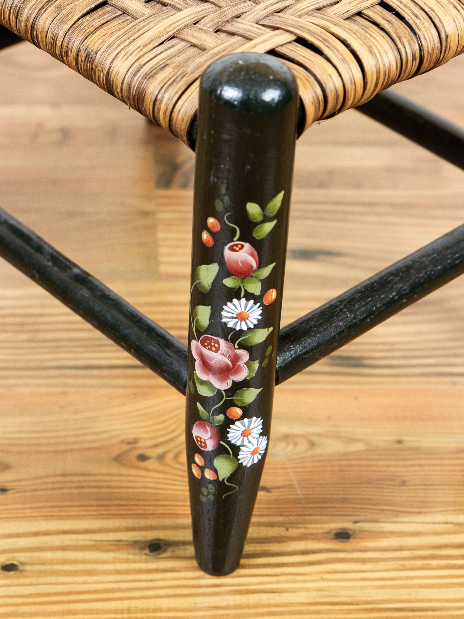 Hand-Painted Country Wooden Footstool with Woven Reed Seat