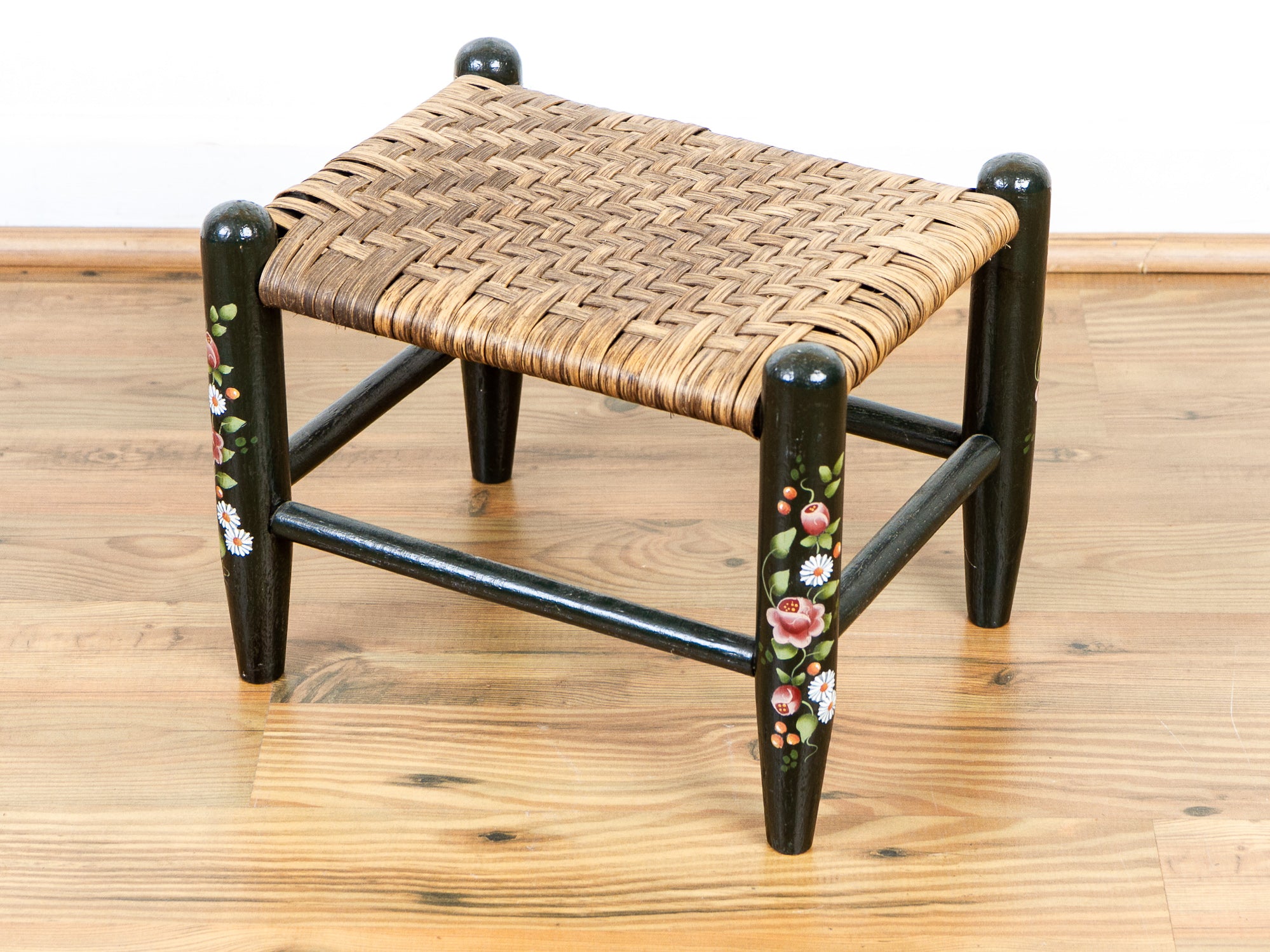 Hand-Painted Country Wooden Footstool with Woven Reed Seat