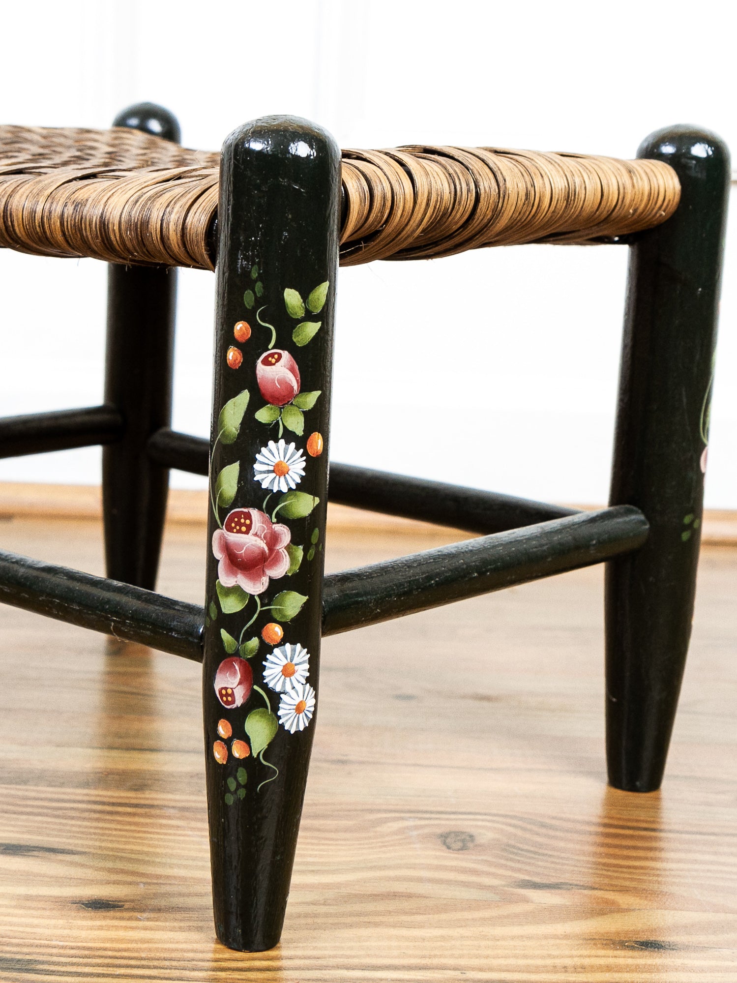 Hand-Painted Country Wooden Footstool with Woven Reed Seat