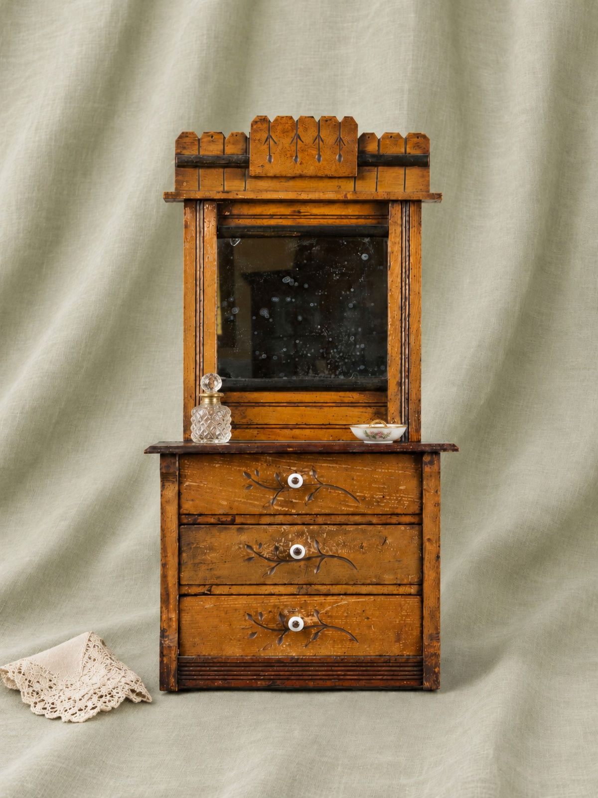 Miniature Arts & Crafts Style Mirror-Back Dresser with Hand-Carved Drawers