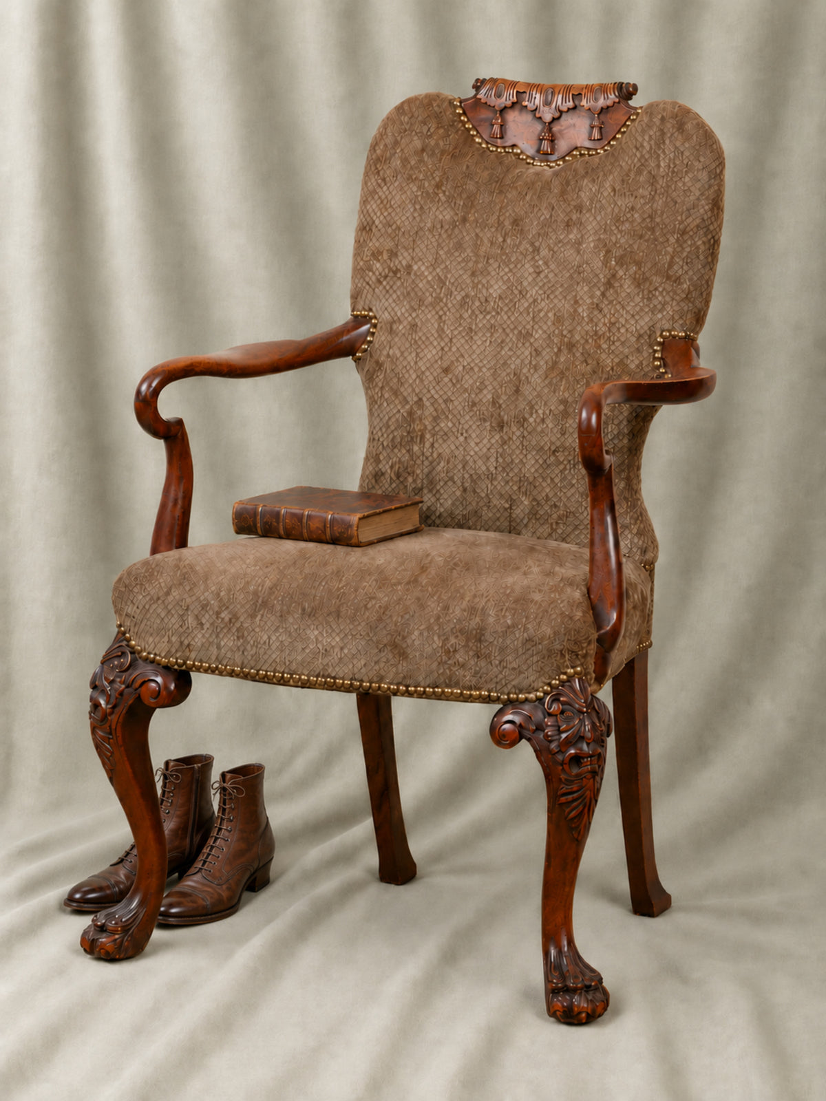 19th Century Victorian Carved Lion Head Armchair with Paw Feet & Shepherd's Crook Arms