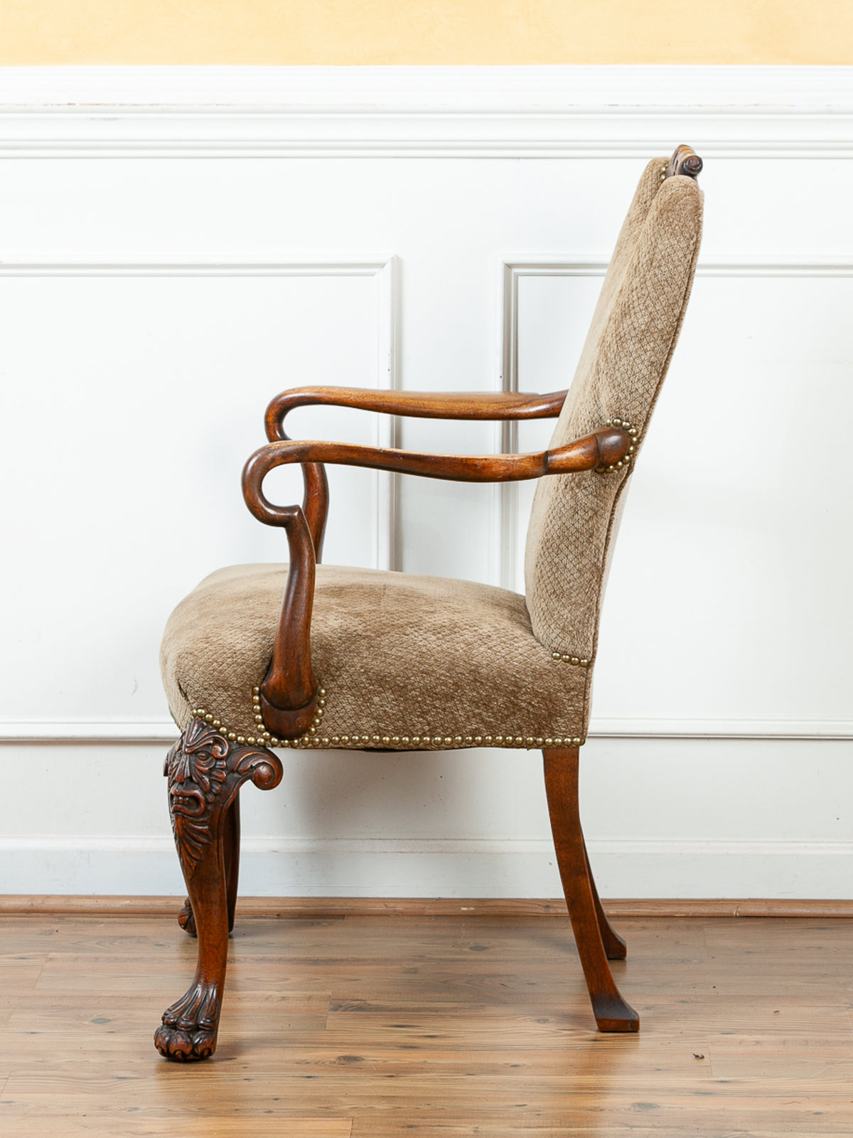 19th Century Victorian Carved Lion Head Armchair with Paw Feet & Shepherd's Crook Arms