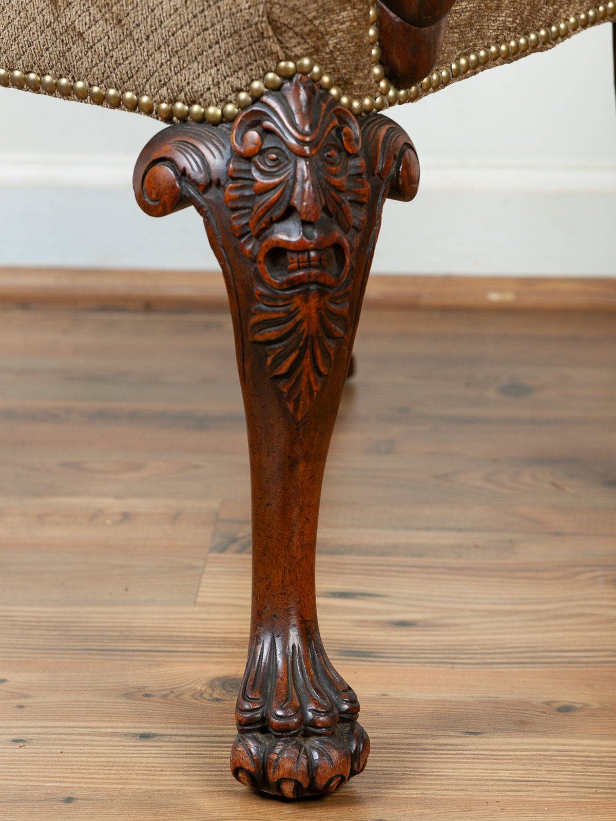 19th Century Victorian Carved Lion Head Armchair with Paw Feet & Shepherd's Crook Arms