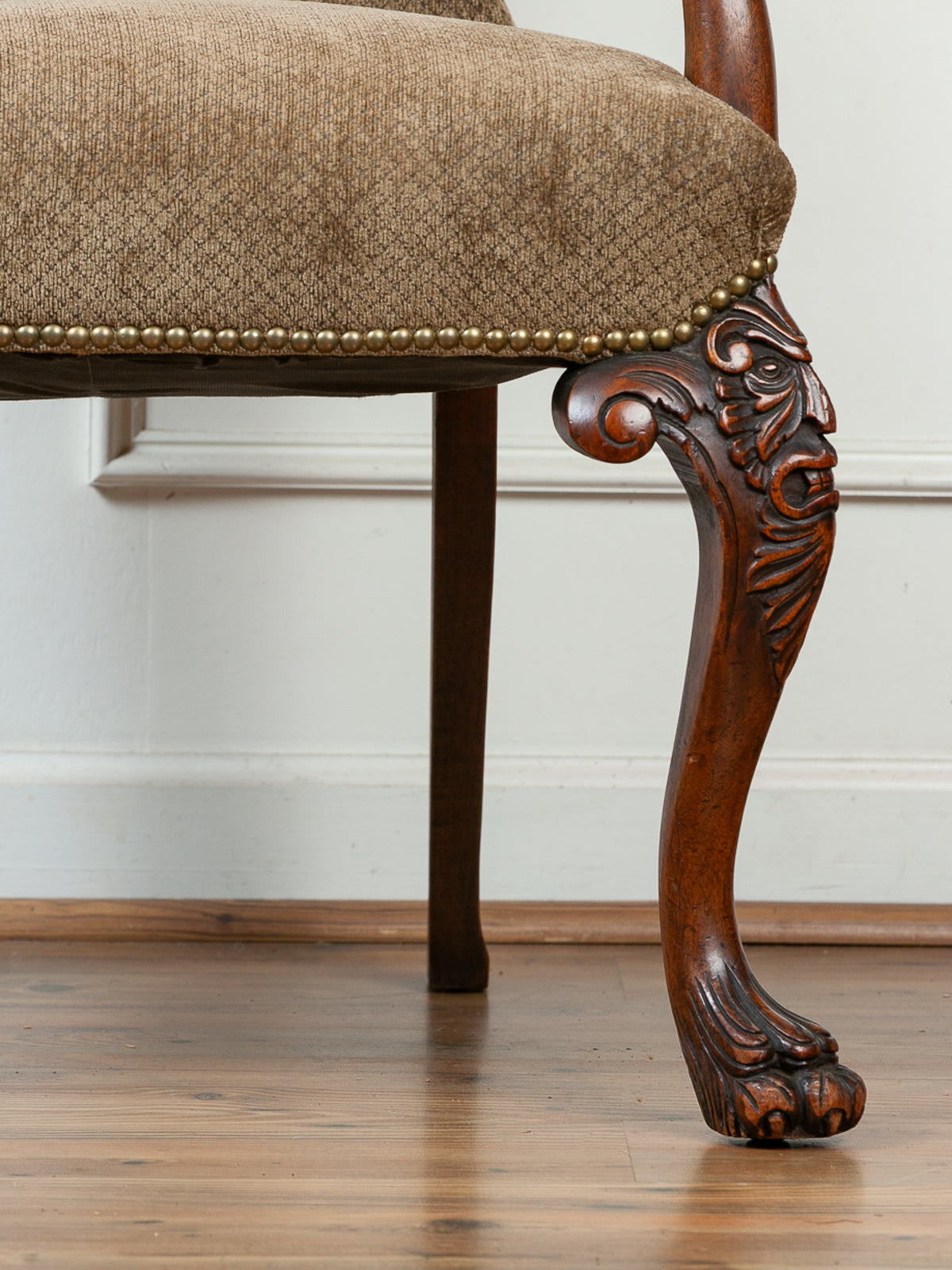 19th Century Victorian Carved Lion Head Armchair with Paw Feet & Shepherd's Crook Arms