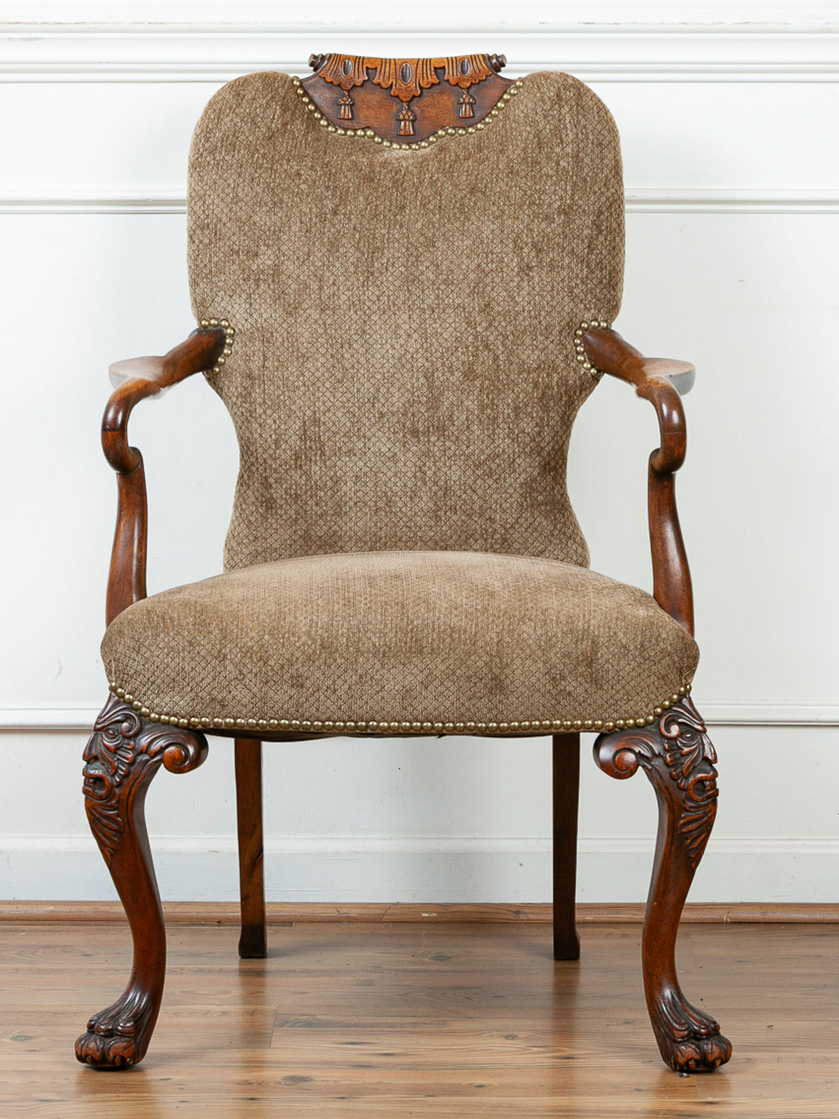 19th Century Victorian Carved Lion Head Armchair with Paw Feet & Shepherd's Crook Arms